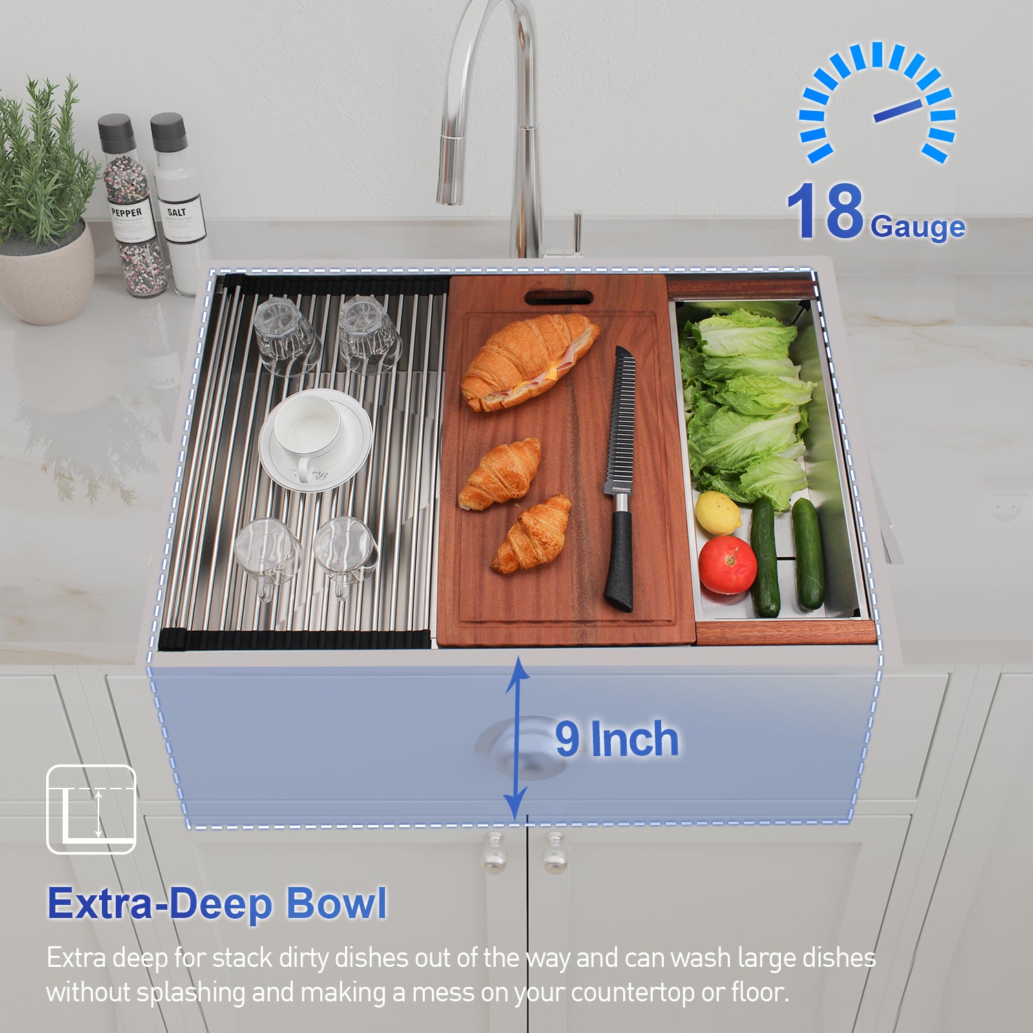 Évier de cuisine à rebord de poste de travail de 30 po sous plan en acier inoxydable 304 à cuve simple R10 à rayon serré