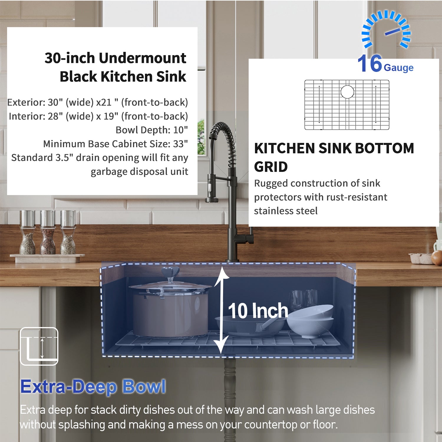 30" x 21"Undermount Kitchen Sink 16 Gauge Stainless Steel Single Bowl Kitchen Sink Gunmetal Black