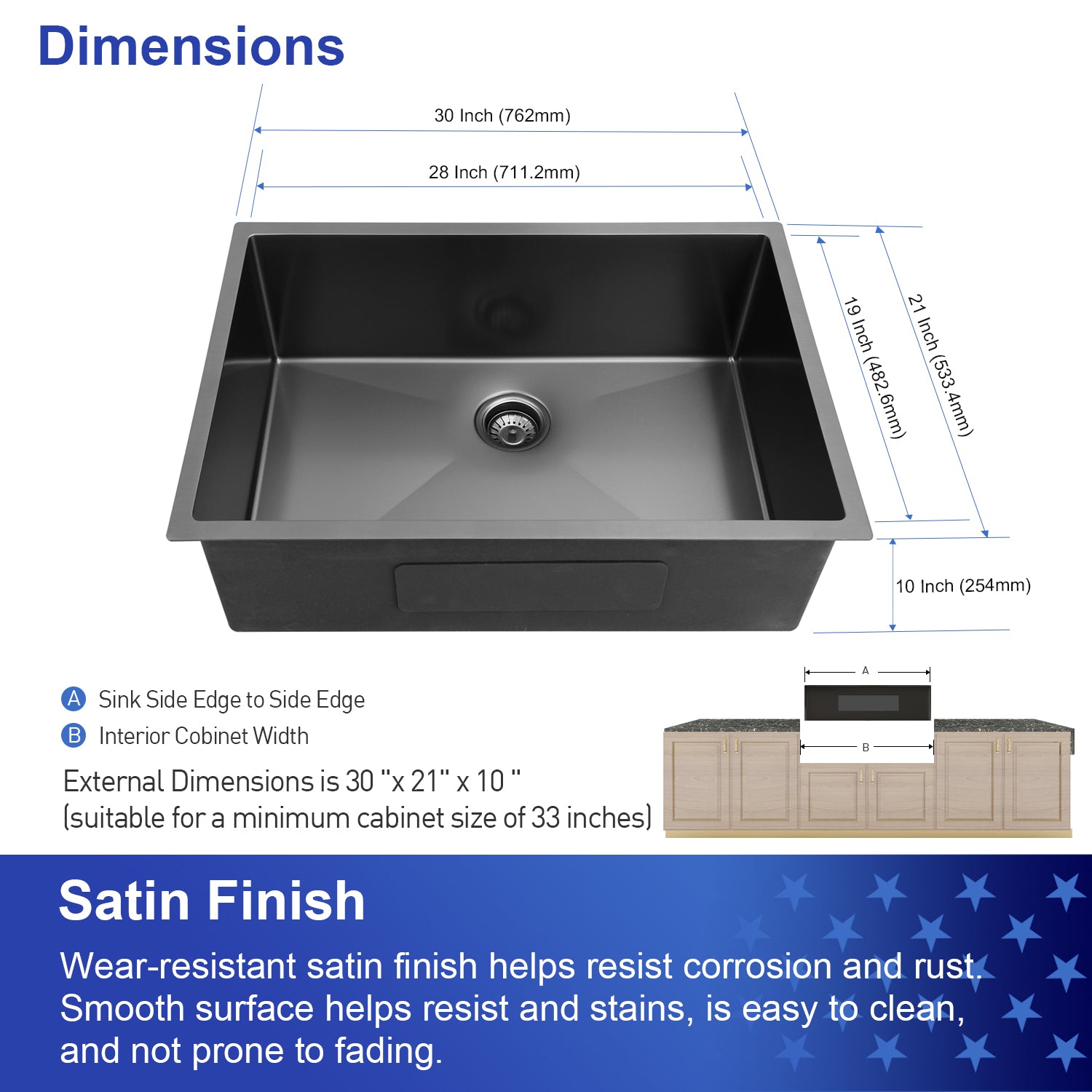 30" x 21"Undermount Kitchen Sink 16 Gauge Stainless Steel Single Bowl Kitchen Sink Gunmetal Black