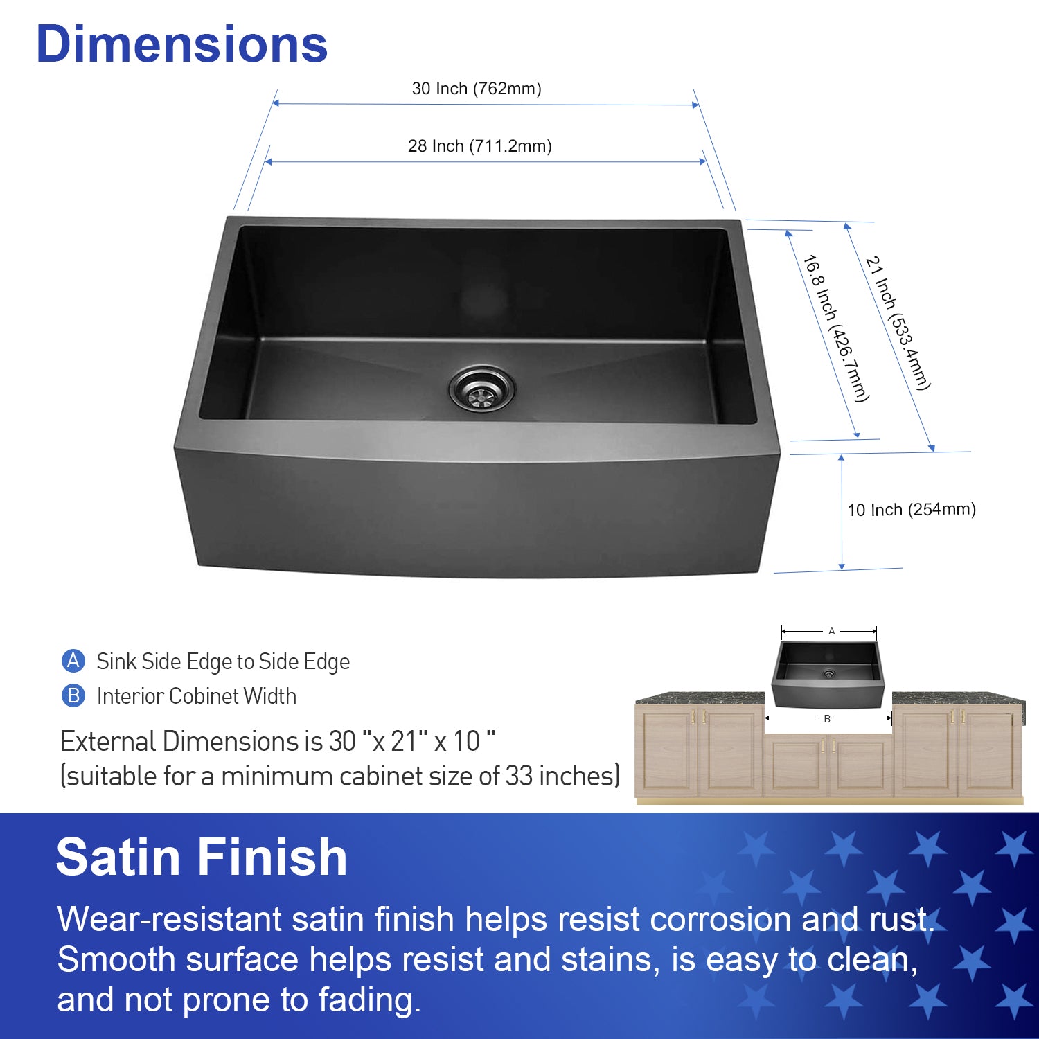30 inch Farmhouse Kitchen Sink, 16 Guage Stainless Steel Single Bowl Sink