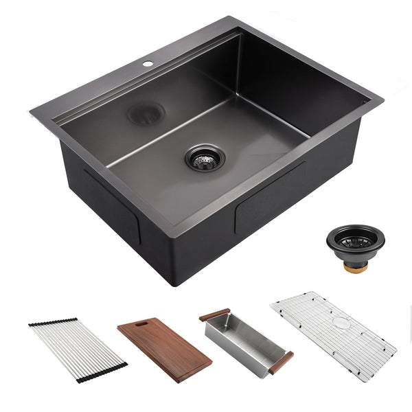 30" x 22" Black Drop In Kitchen Sink,  16 Gauge Stainless Steel Workstation Sink