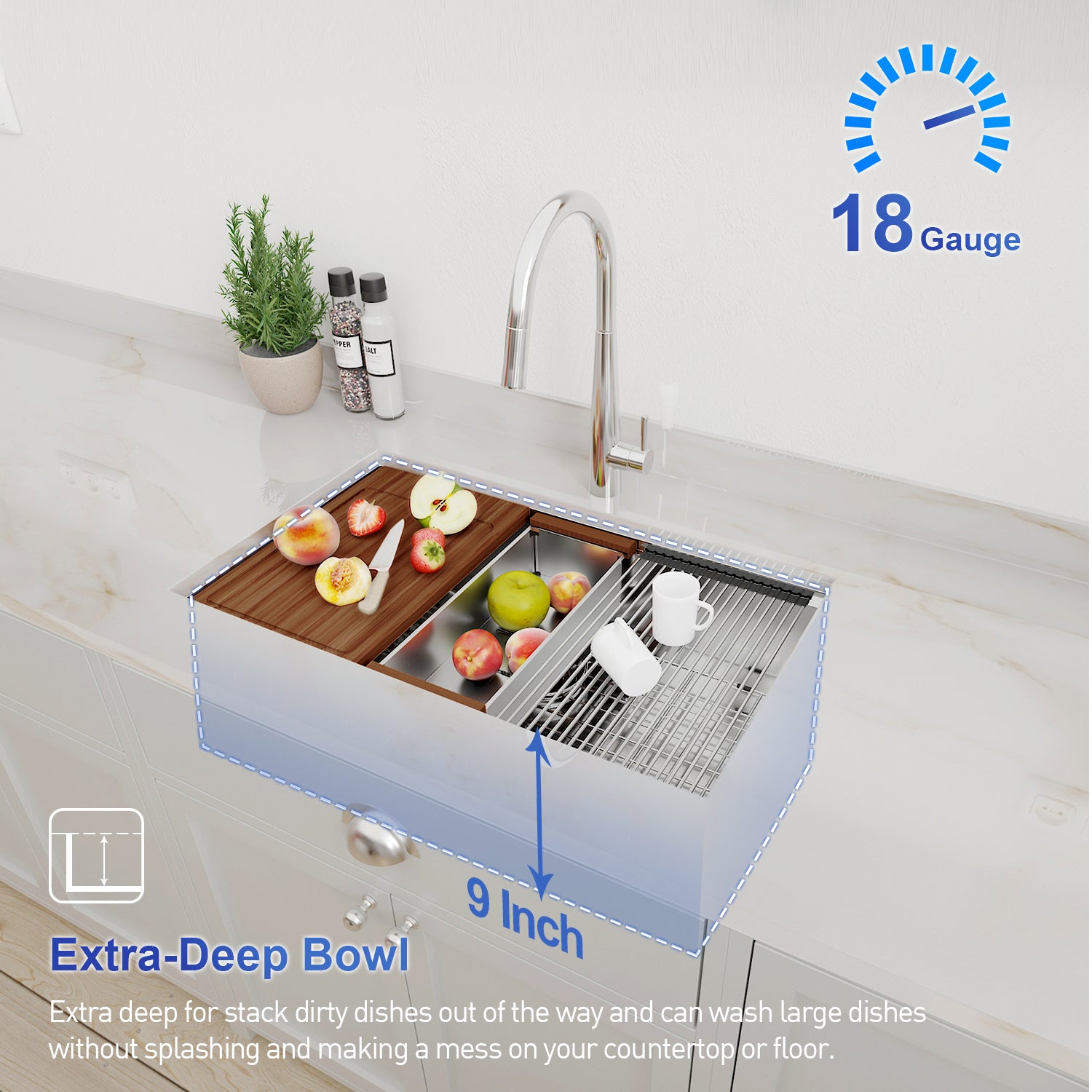 32 x 18 inch Undermount Workstation Sink, Stainless Steel Single Bowl Kitchen Sink 18 Gauge