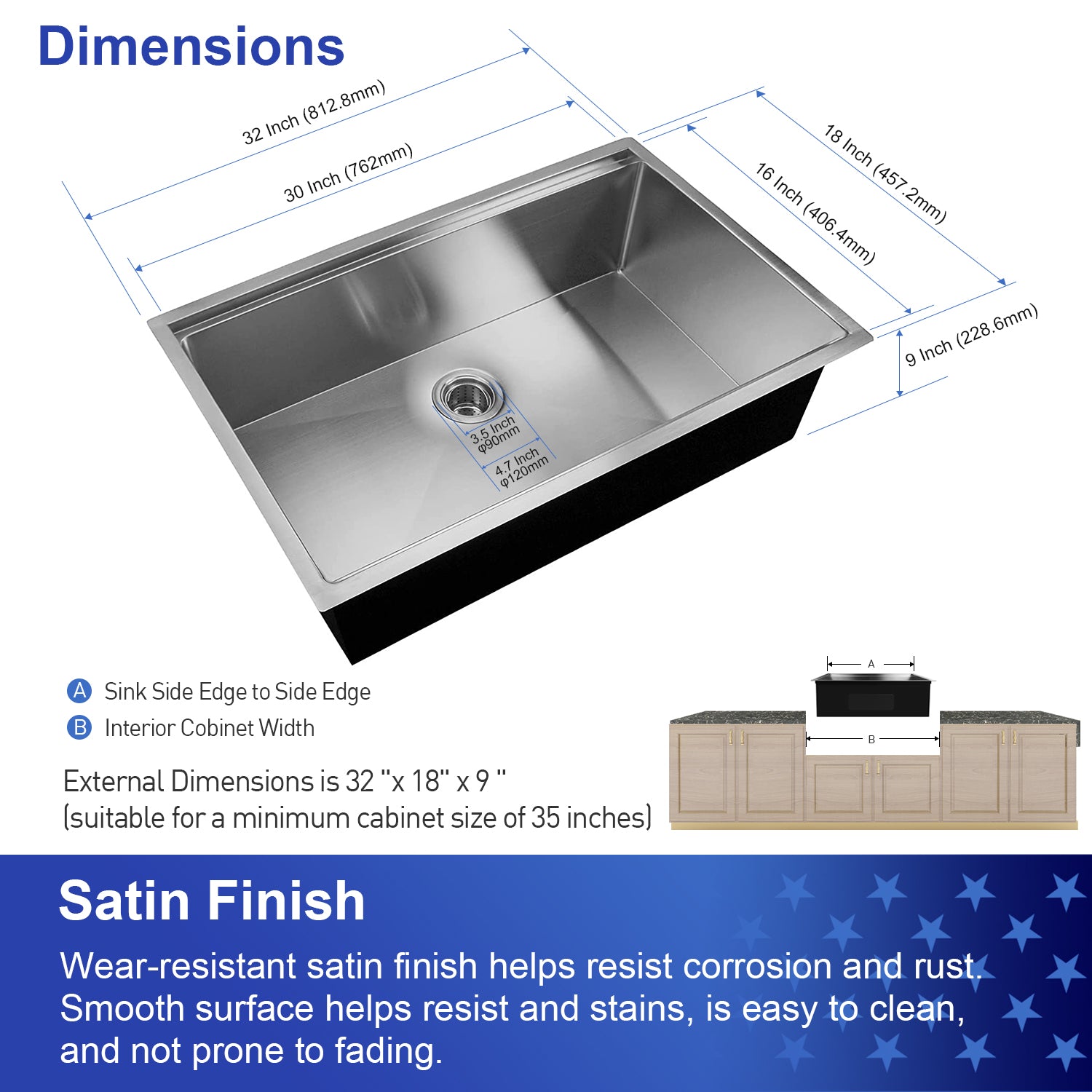 32 x 18 inch Undermount Workstation Sink, Stainless Steel Single Bowl Kitchen Sink 18 Gauge