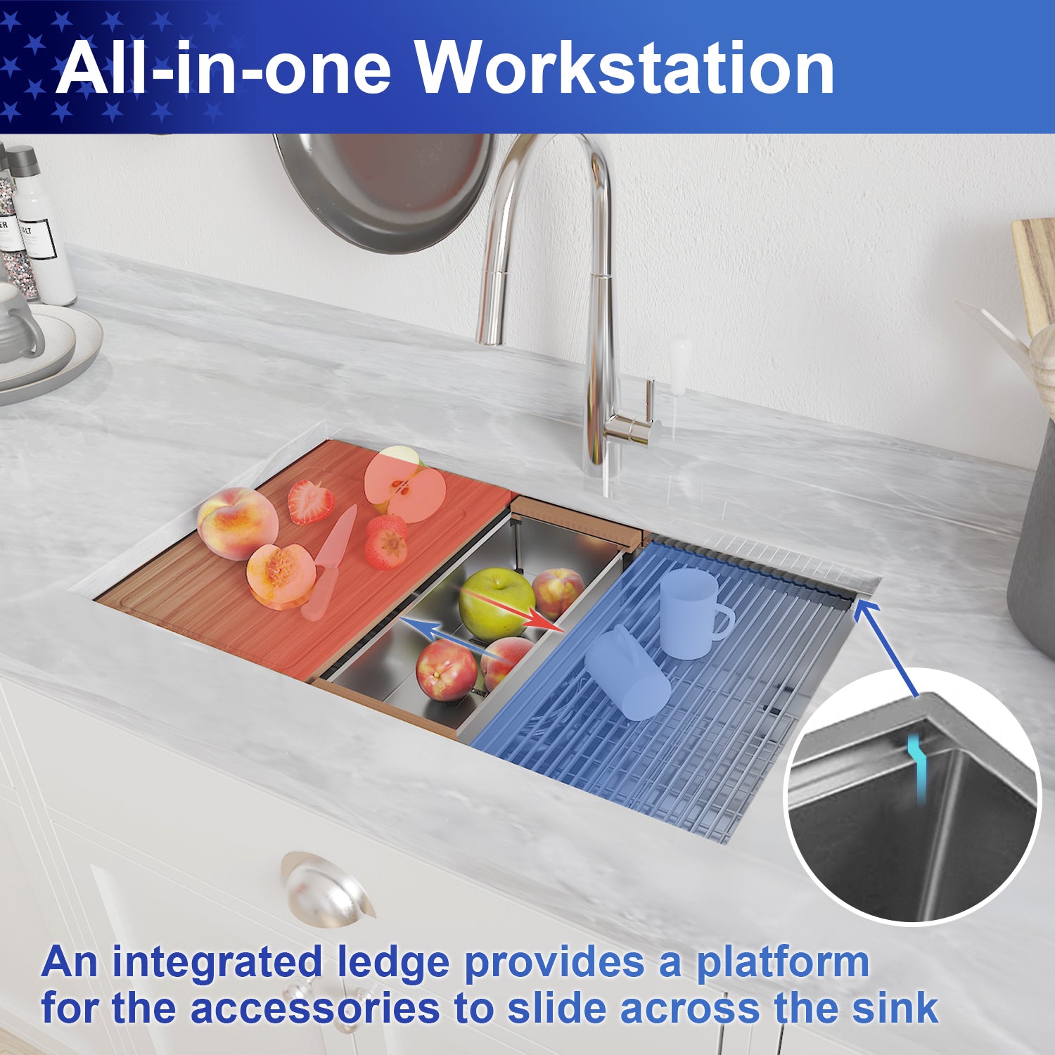 32x19 Inch Kitchen Sink  Stainless Steel Single Blow Workstation Underment Kitchen Sink 18 Gauge