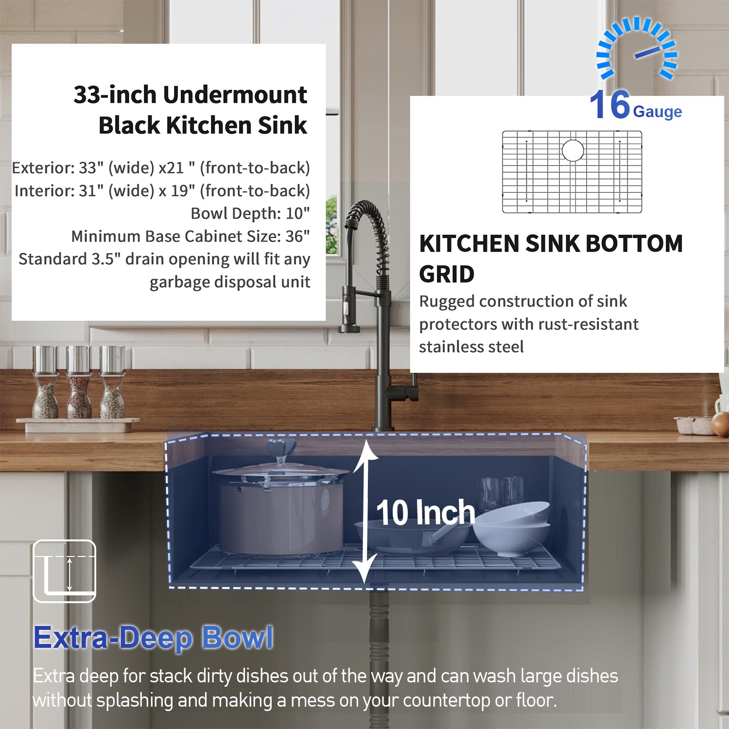 33" x 21"Undermount Kitchen Sink 16 Gauge Stainless Steel Single Bowl Kitchen Sink Gunmetal Black