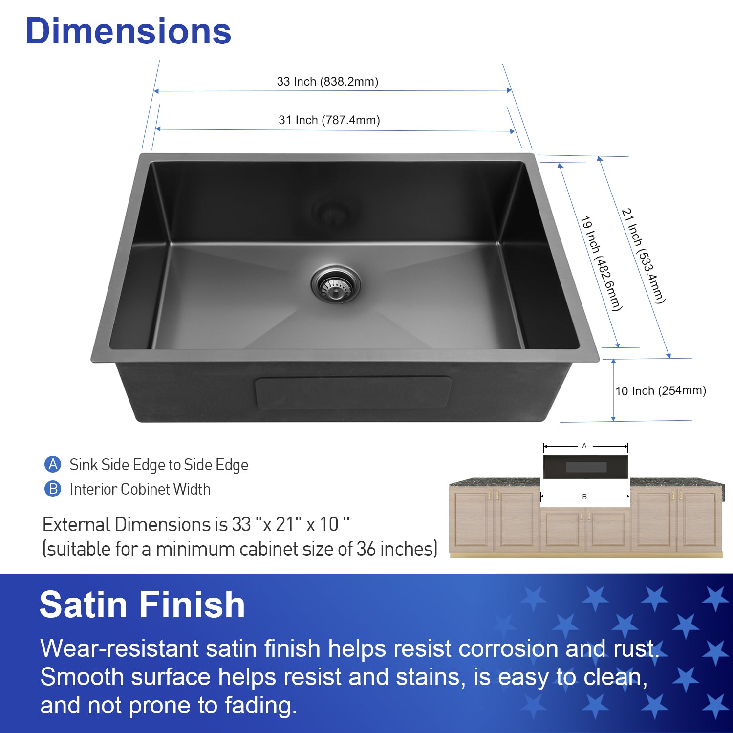 33" x 21"Undermount Kitchen Sink 16 Gauge Stainless Steel Single Bowl Kitchen Sink Gunmetal Black