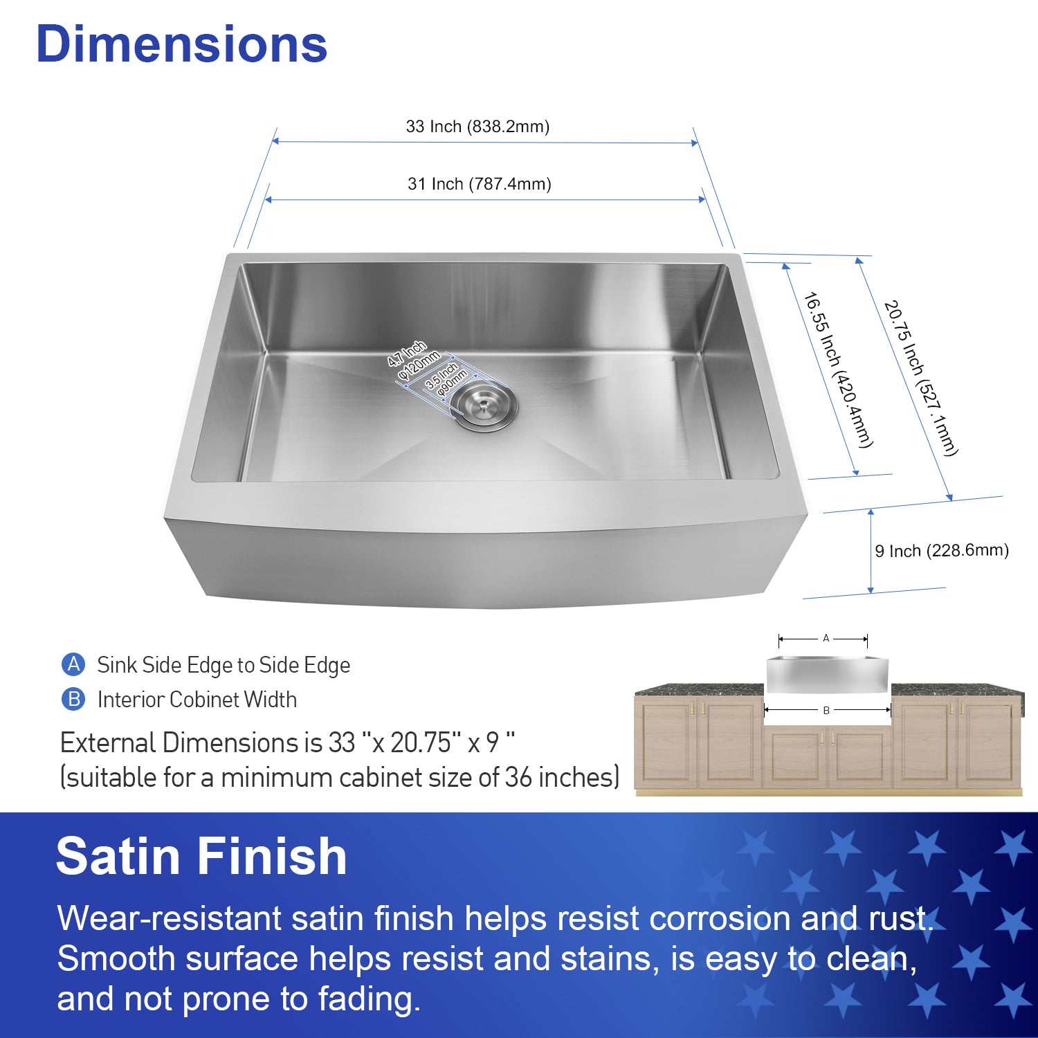 33-inch Farmhouse Kitchen Sink,Single Bowl Stainless Steel  18 Gauge