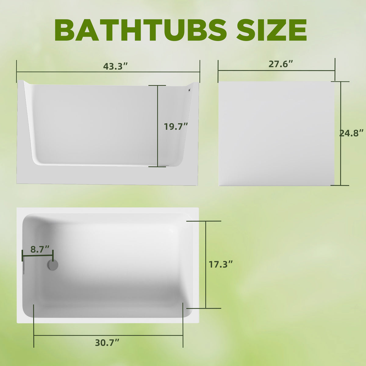 43" Acrylic Freestanding Bathtub ,Spacious rectangle Shape, Gloss White Finish, Chrome Overflow & Pop-Up Drain