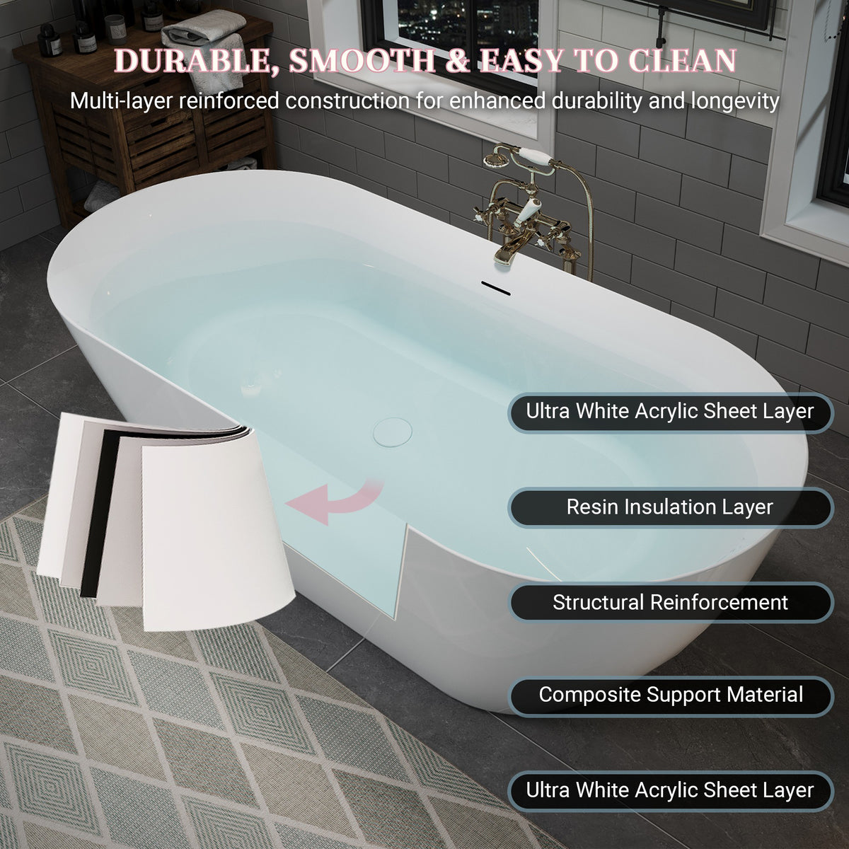 60" Acrylic Freestanding Bathtub, Oval Deep Soaking Contemporary Stand Alone Bath Tub with Pop-up Drain & Integrated Overflow, Brushed Nickel-Finish Drain Cover