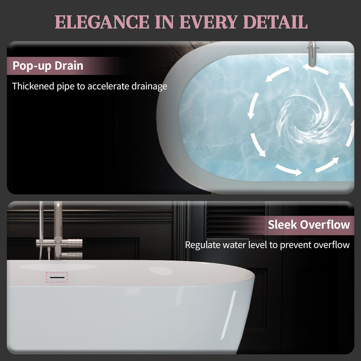 60" Acrylic Freestanding Bathtub, Oval Deep Soaking Contemporary Stand Alone Bath Tub with Pop-up Drain & Integrated Overflow, Brushed Nickel-Finish Drain Cover