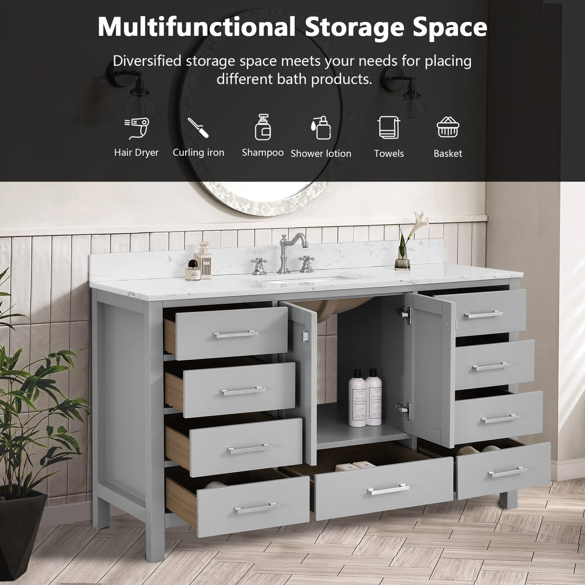 RAINLEX 60 in. Freestanding Double Sink Bathroom Vanity, Solid Wood