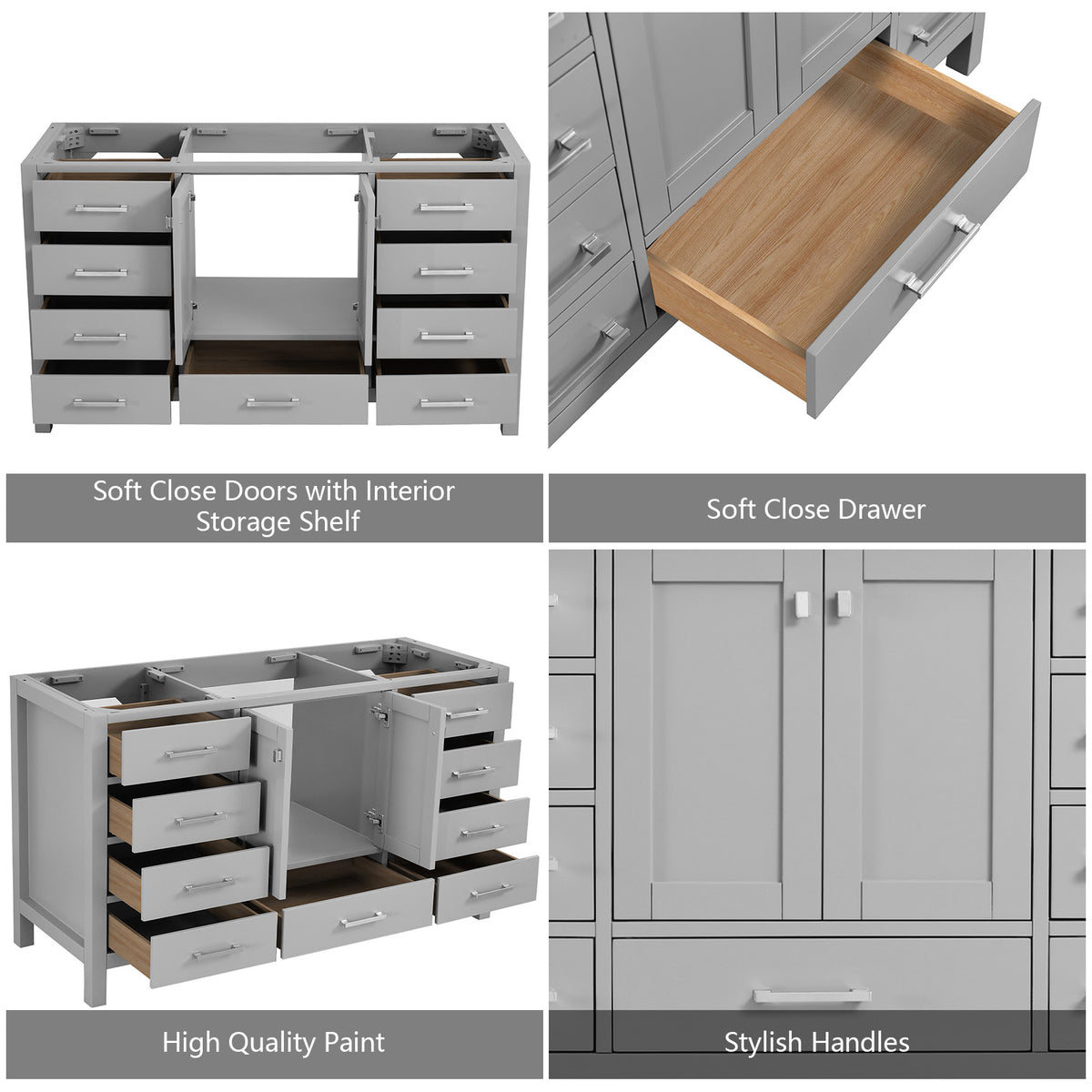 RAINLEX 60 in. Freestanding Double Sink Bathroom Vanity, Solid Wood