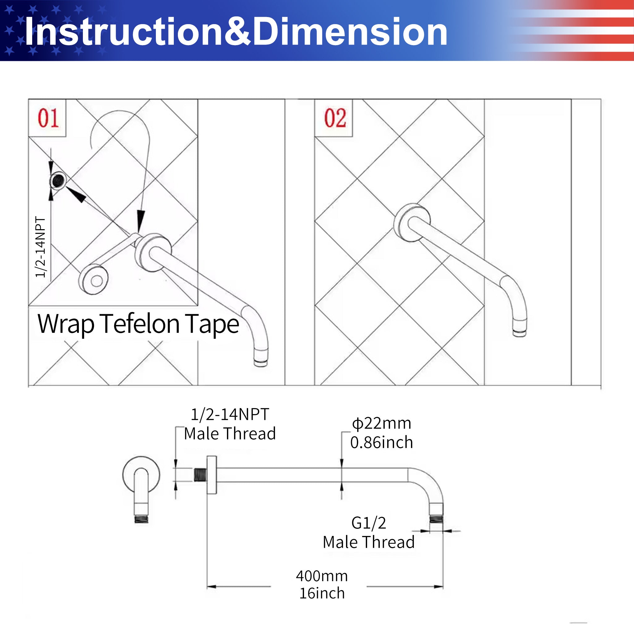 16'' Round Wall Mount Shower Arm With Flange L2-16