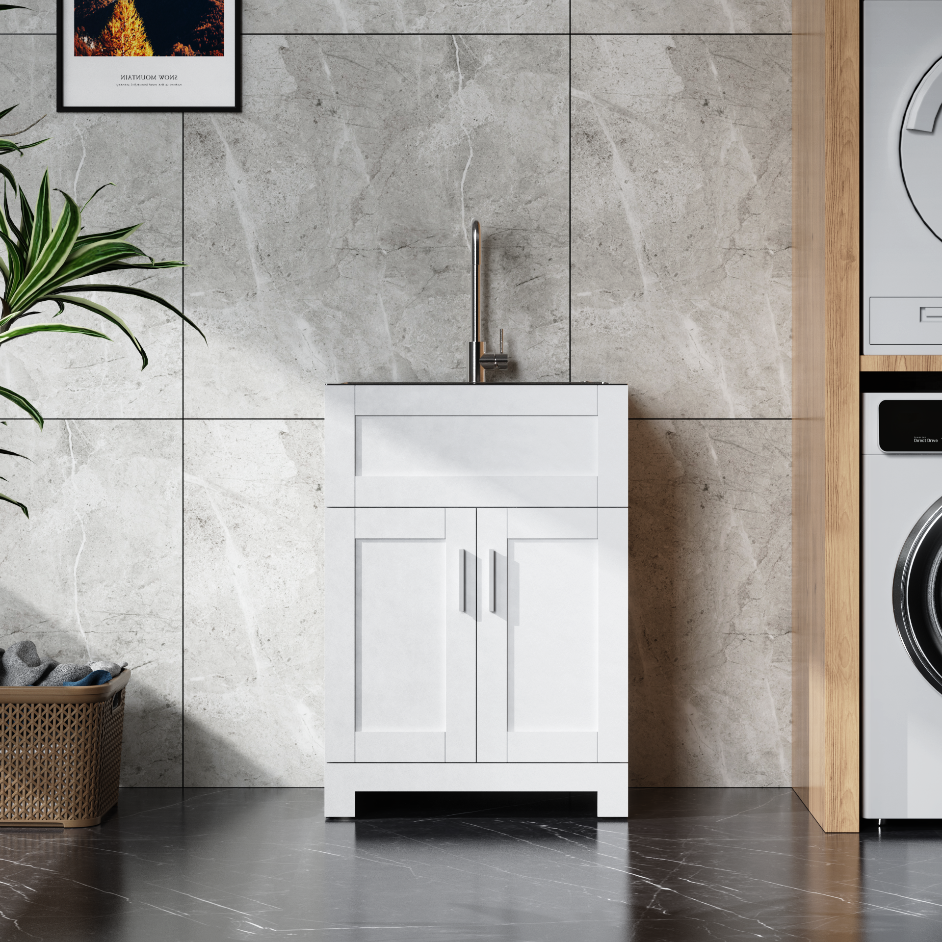 Rainlex 24 in. White Paint-Free Laundry Utility Sink Cabinet with 12-Gauge Brushed Stainless Steel Sink, Tall Faucet & Soft-Close Doors