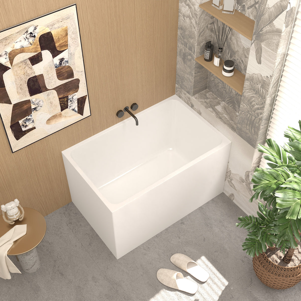 43" Acrylic Freestanding Bathtub ,Spacious rectangle Shape, Gloss White Finish, Chrome Overflow & Pop-Up Drain