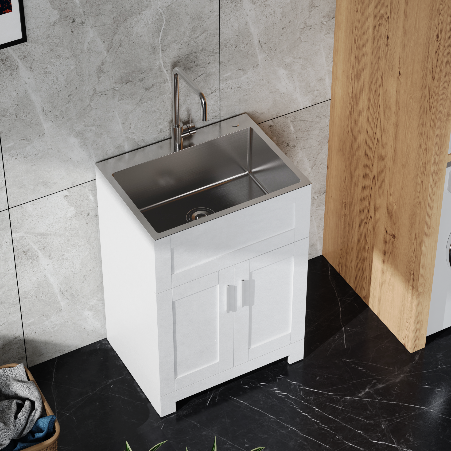 Rainlex 24 in. White Paint-Free Laundry Utility Sink Cabinet with 12-Gauge Brushed Stainless Steel Sink, Tall Faucet & Soft-Close Doors