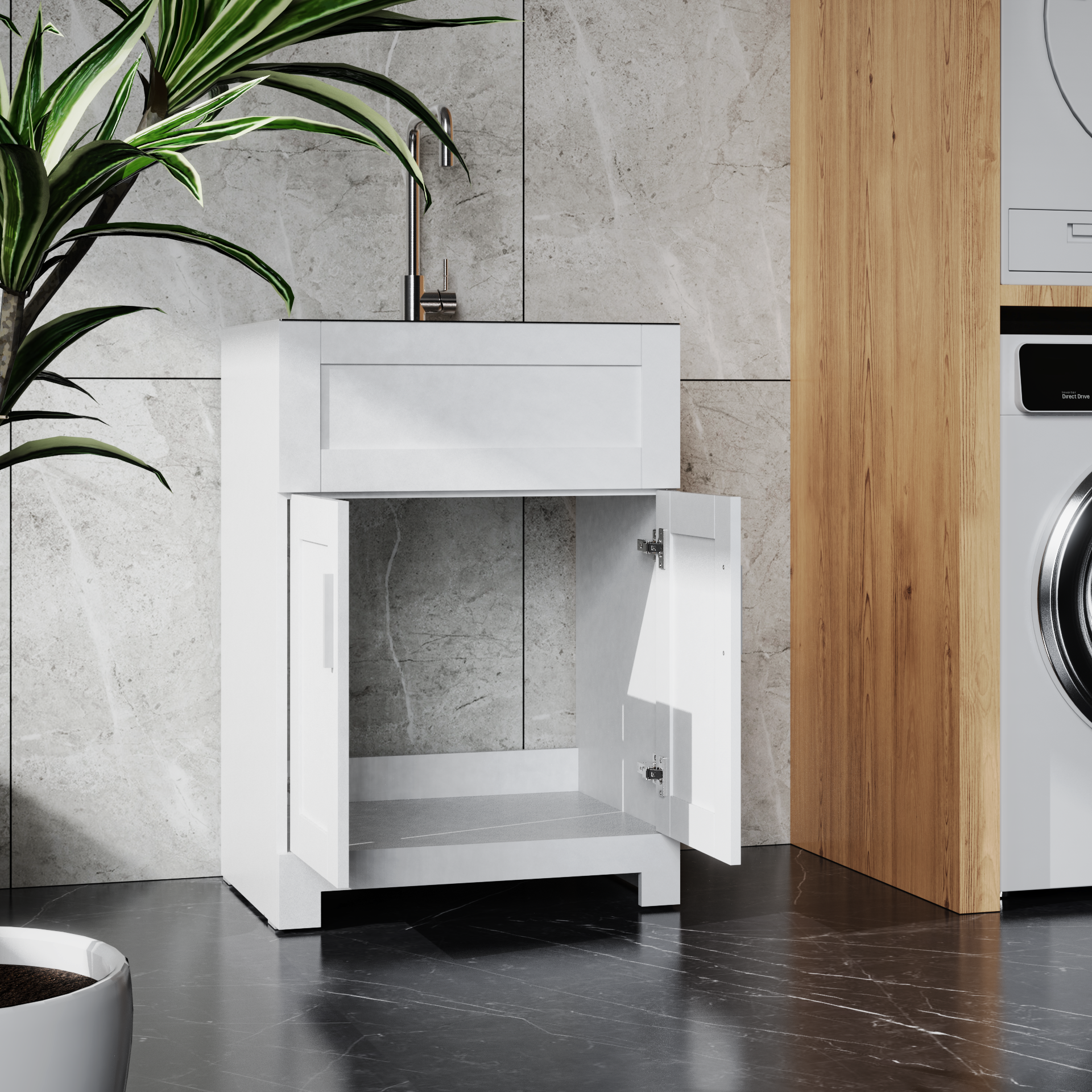 Rainlex 24 in. White Paint-Free Laundry Utility Sink Cabinet with 12-Gauge Brushed Stainless Steel Sink, Tall Faucet & Soft-Close Doors