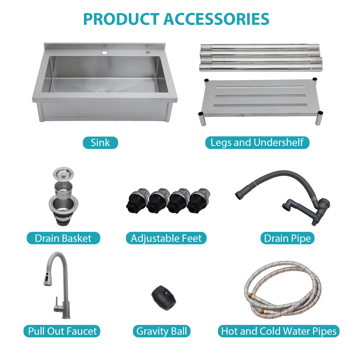 RAINLEX 36" Freestanding Heavy-Duty Utility Sink with 9" Deep Bowl in Stainless Steel