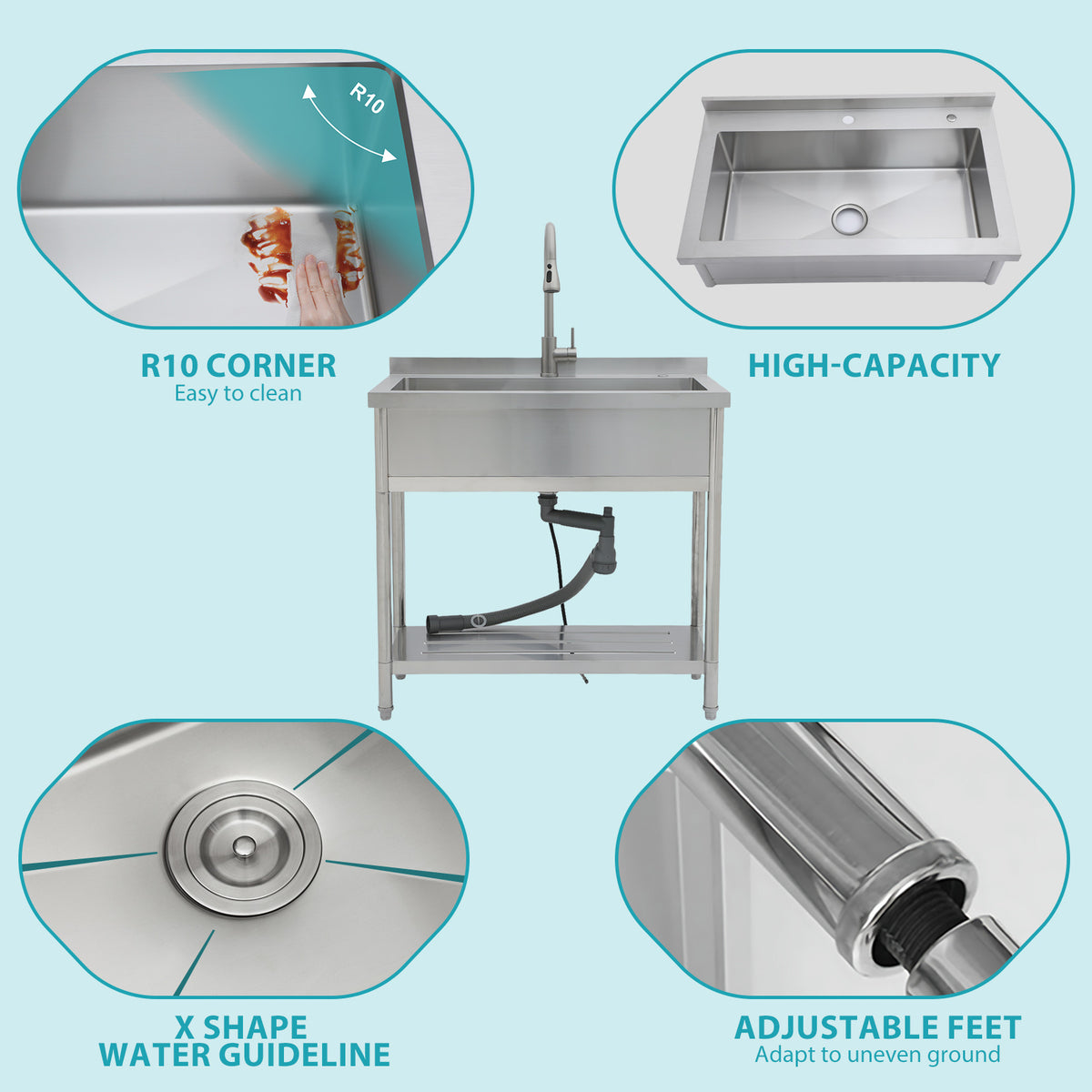 RAINLEX 36" Freestanding Heavy-Duty Utility Sink with 9" Deep Bowl in Stainless Steel