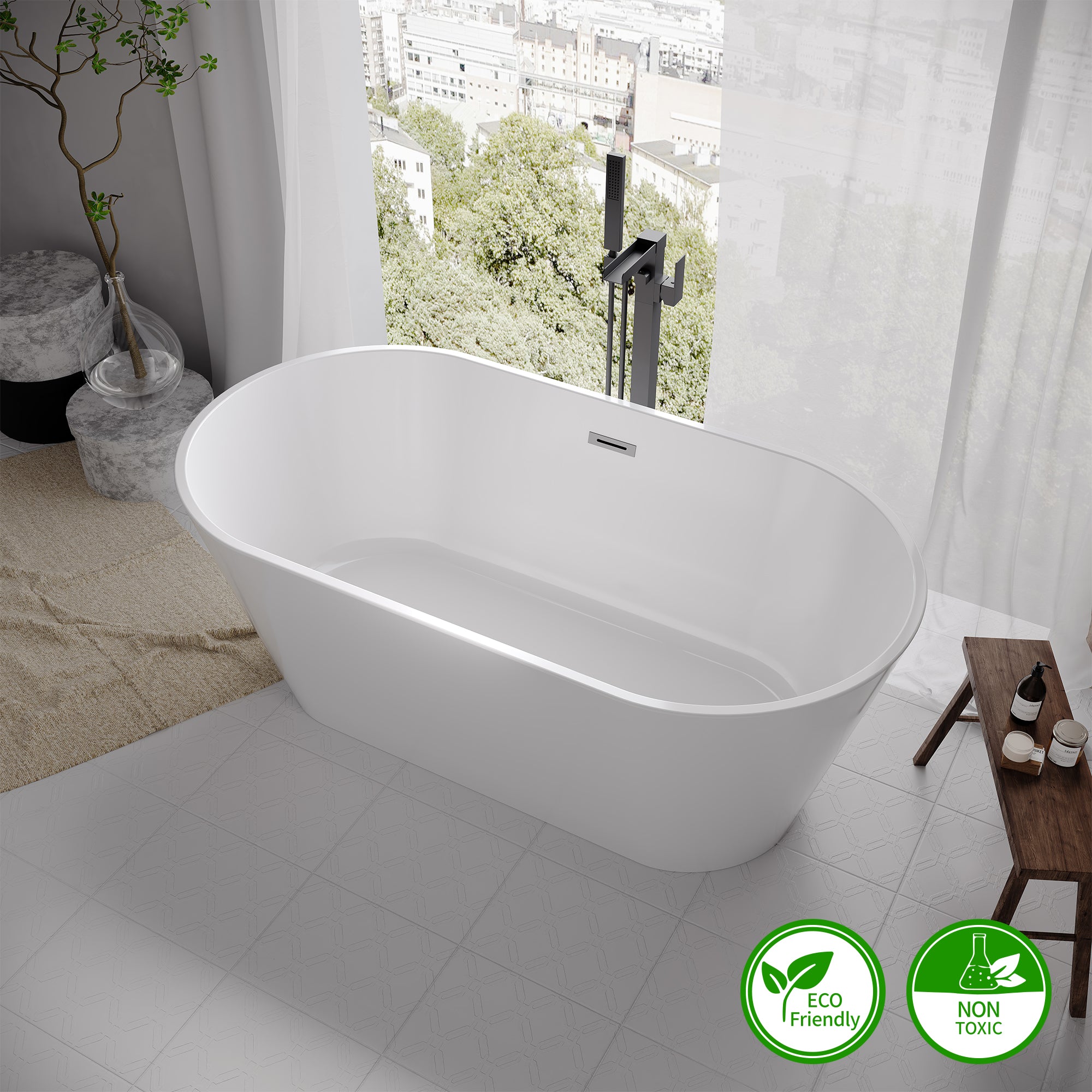 59" Oval Acrylic Freestanding Soaking Bathtub with Overflow RX-A01-59