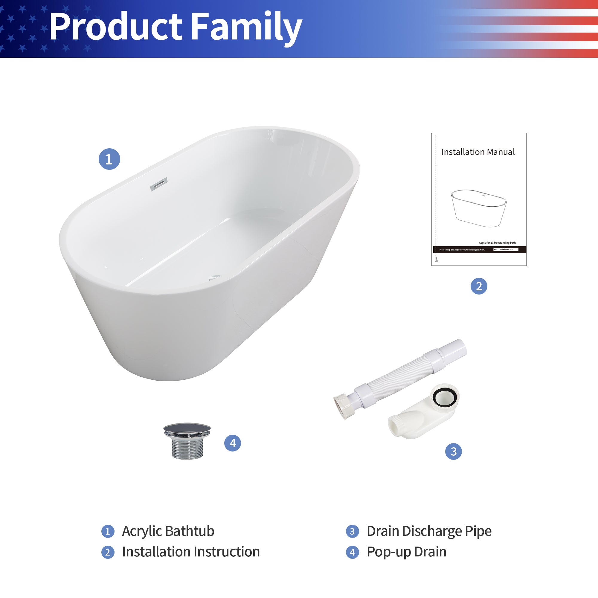 59" Oval Acrylic Freestanding Soaking Bathtub with Overflow RX-A01-59