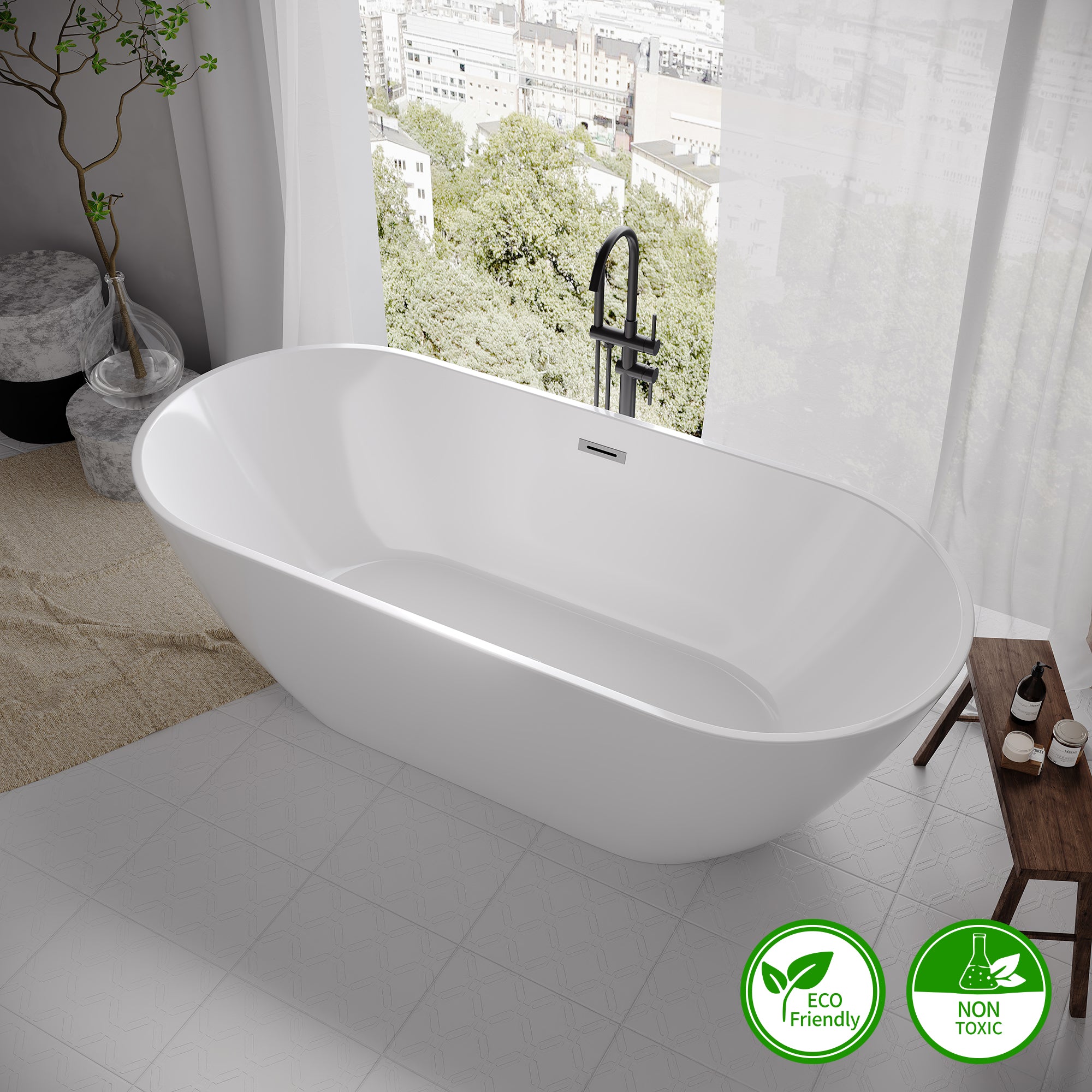59" Oval Acrylic Freestanding Soaking Bathtub with Overflow RX-A02-59
