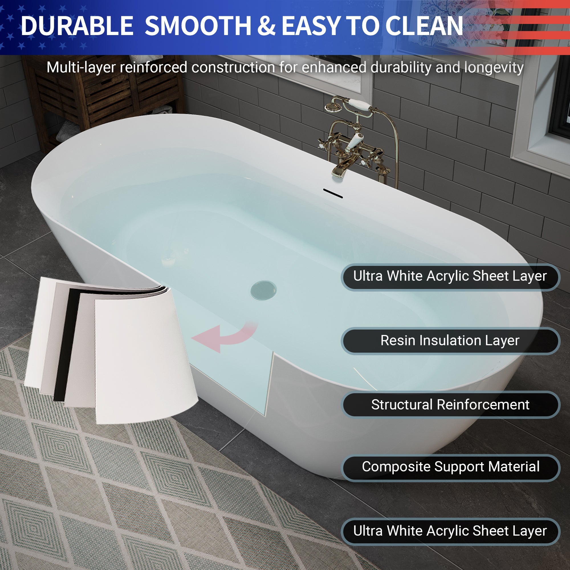 63" Oval Acrylic Freestanding Soaking Bathtub