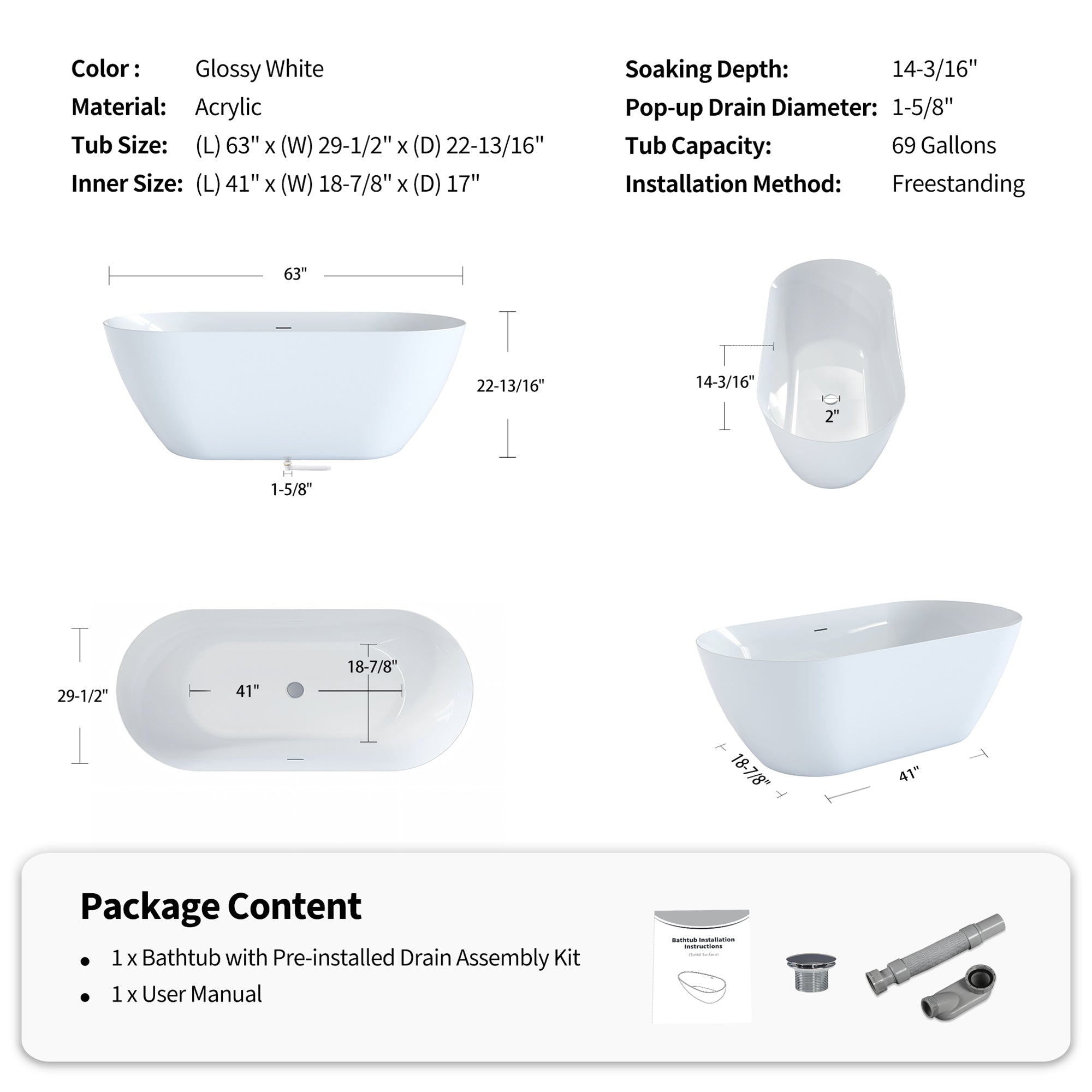 63" Oval Acrylic Freestanding Soaking Bathtub