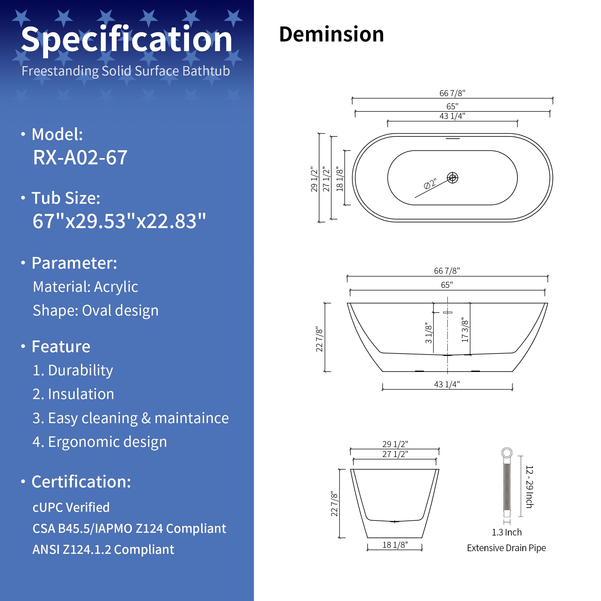67" Oval Acrylic Freestanding Soaking Bathtub with Overflow RX-A02-67
