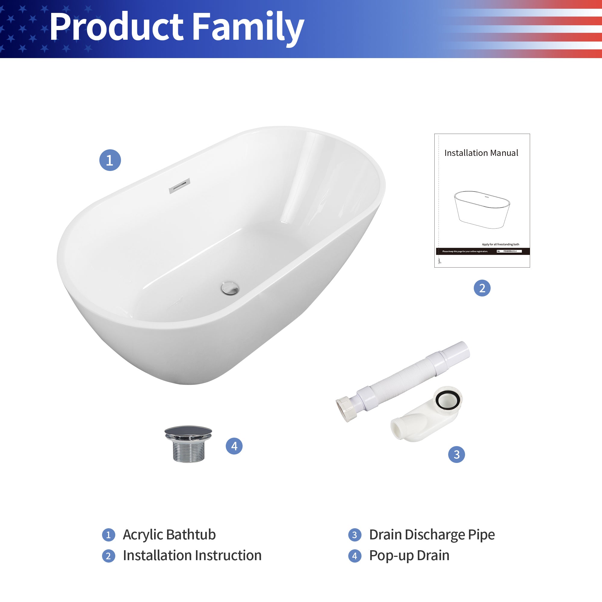 67" Oval Acrylic Freestanding Soaking Bathtub with Overflow RX-A02-67