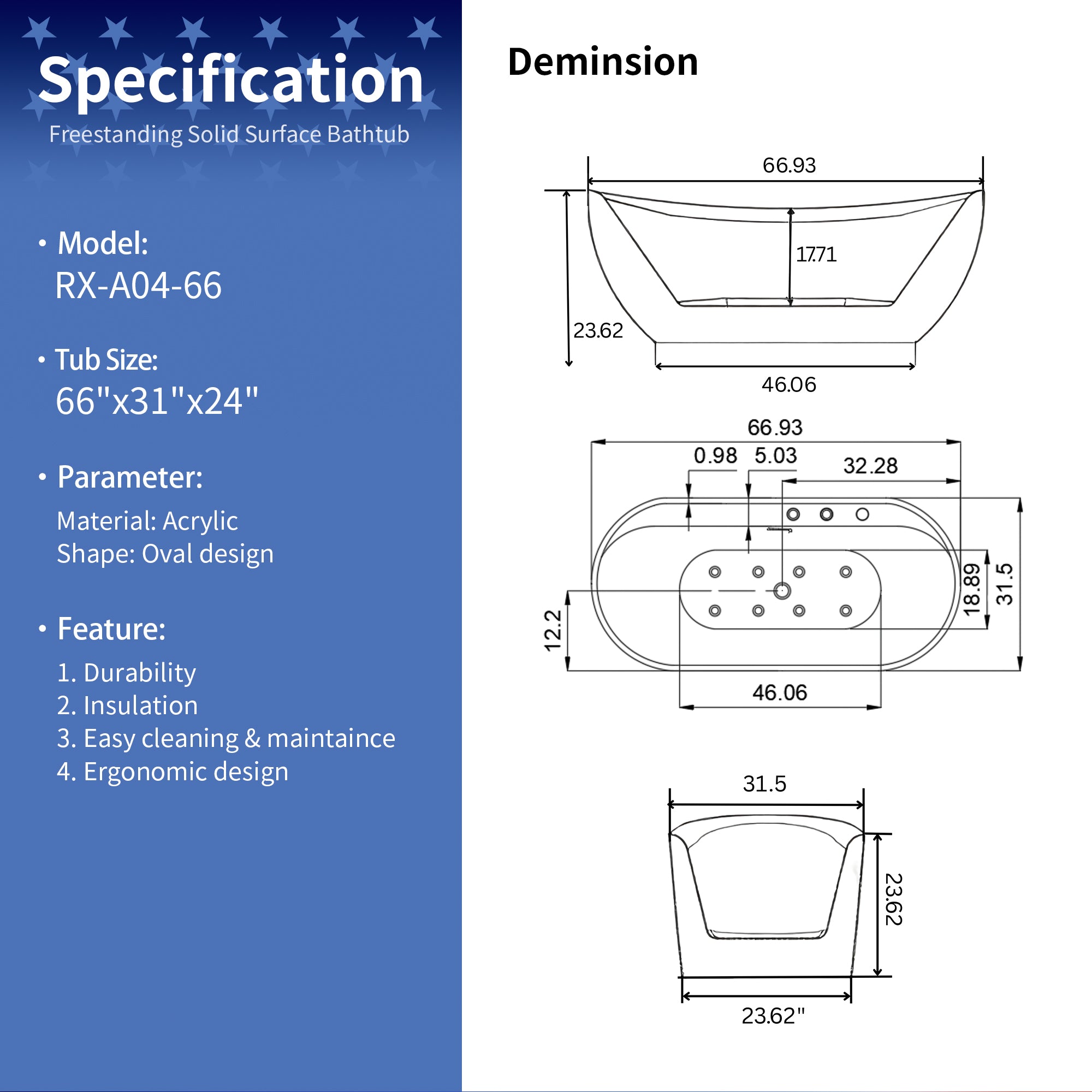 66" x 31.5" Whirlpool Air Bath Combination Soaking Bathtub