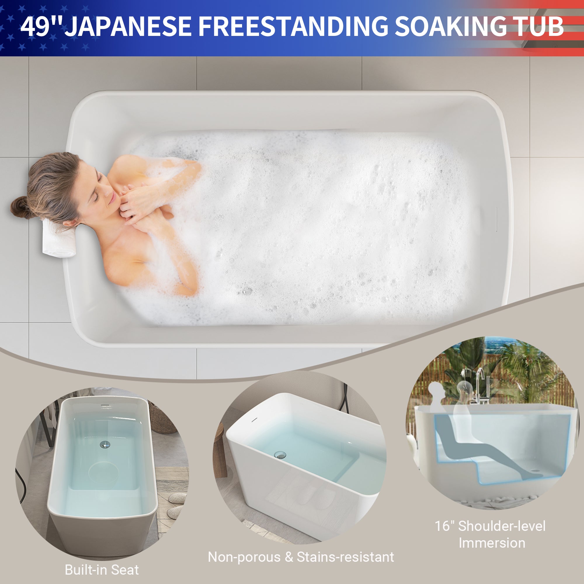 49" Square Acrylic Japanese Soaking Bathtub