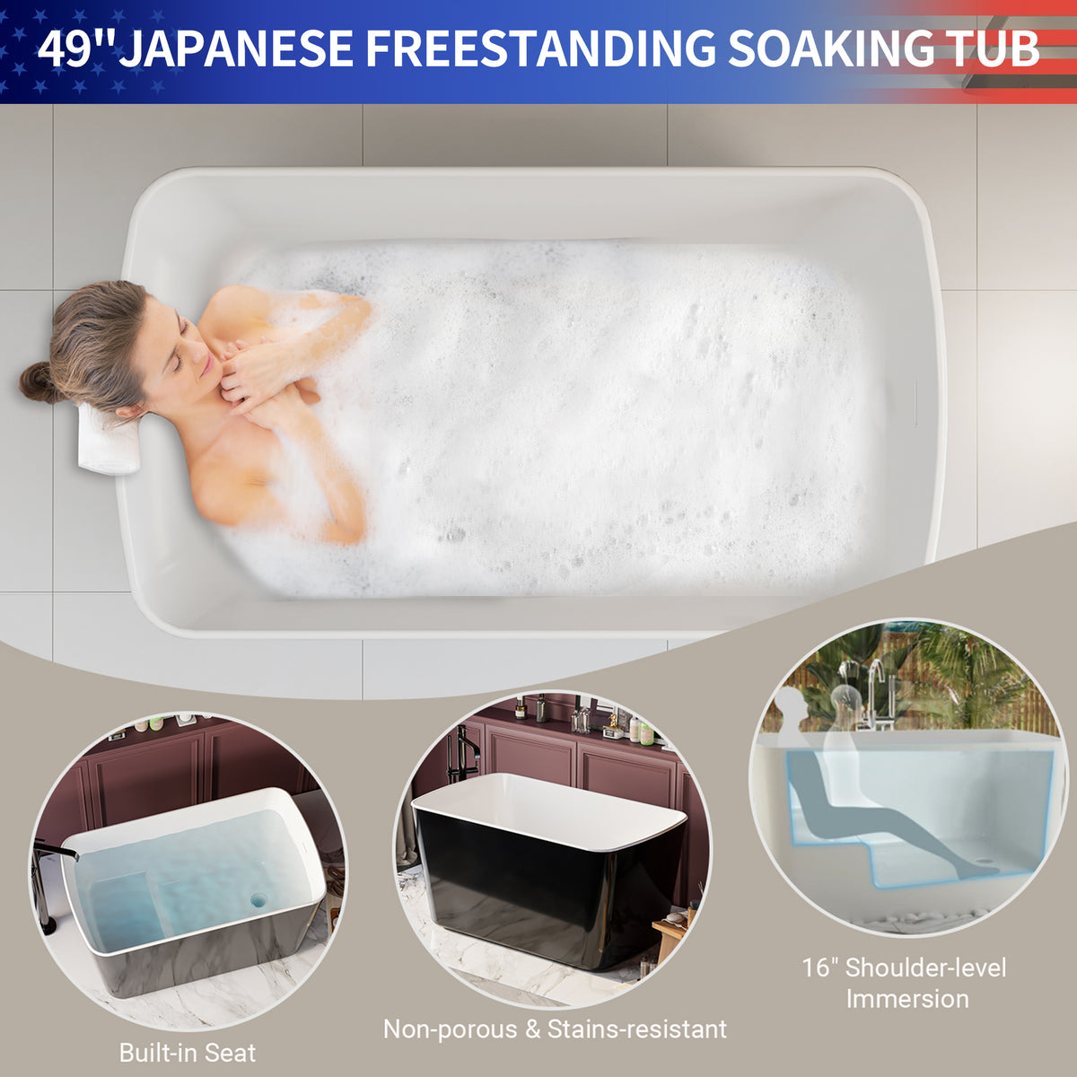 RAINLEX 49 in. Square Acrylic Japanese Soaking Bathtub (Style A06)