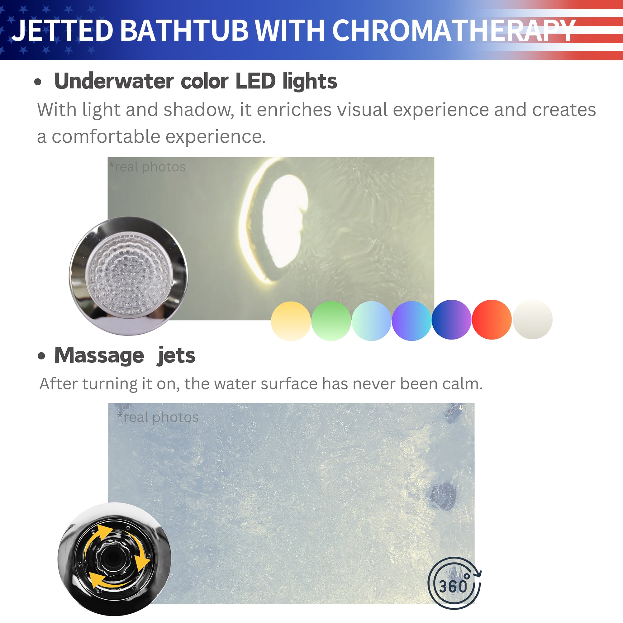 Whirlpool Bathtub, 72“ x 48” Double Jet Massage Tub with Hydrotherapy and Light Therapy Features, ETL Certified, Three-Sided Apron Design, Acrylic Construction, 110 Gallon Capacity, Left-Side Drain RX-A06-73