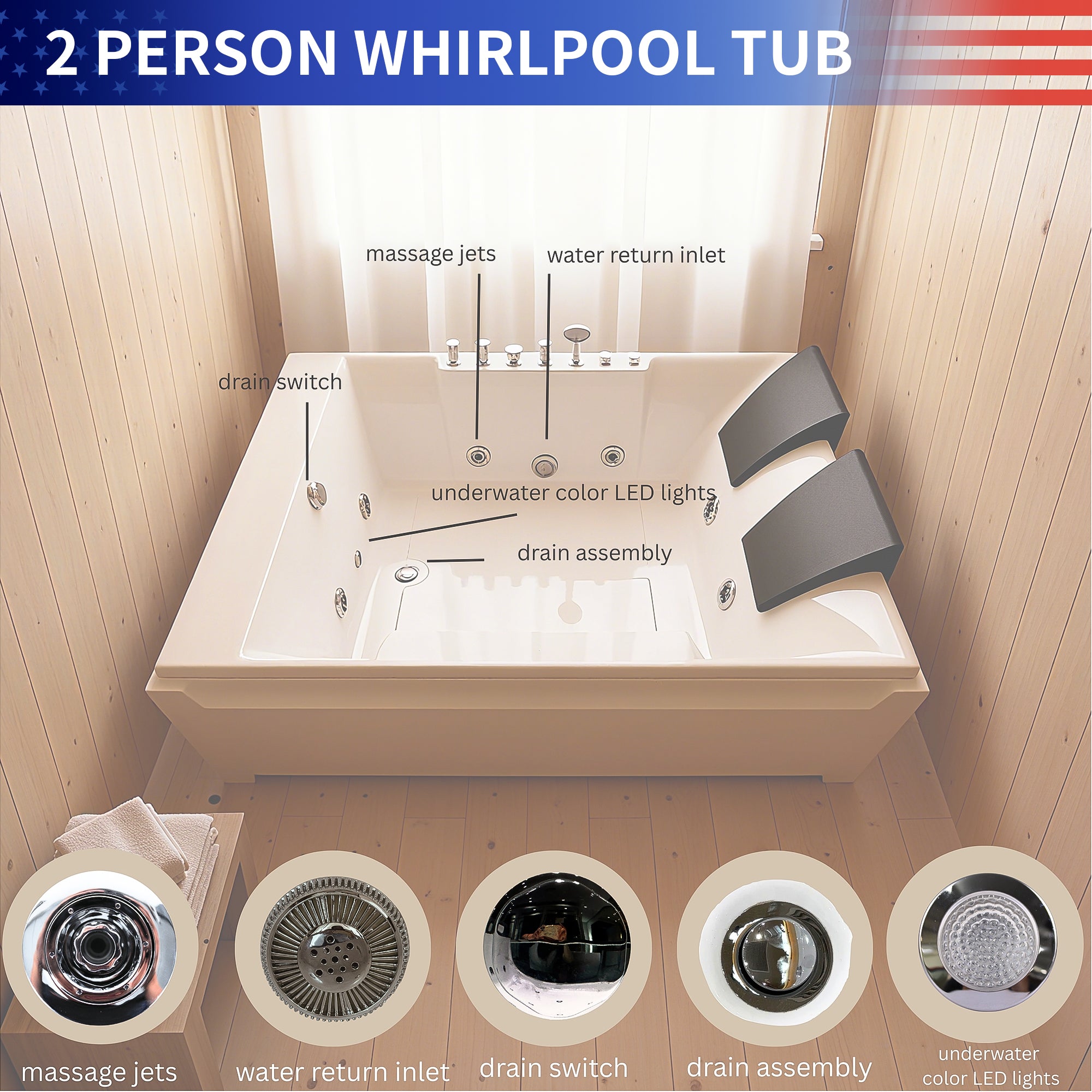 Whirlpool Bathtub, 72“ x 48” Double Jet Massage Tub with Hydrotherapy and Light Therapy Features, ETL Certified, Three-Sided Apron Design, Acrylic Construction, 110 Gallon Capacity, Left-Side Drain RX-A06-73