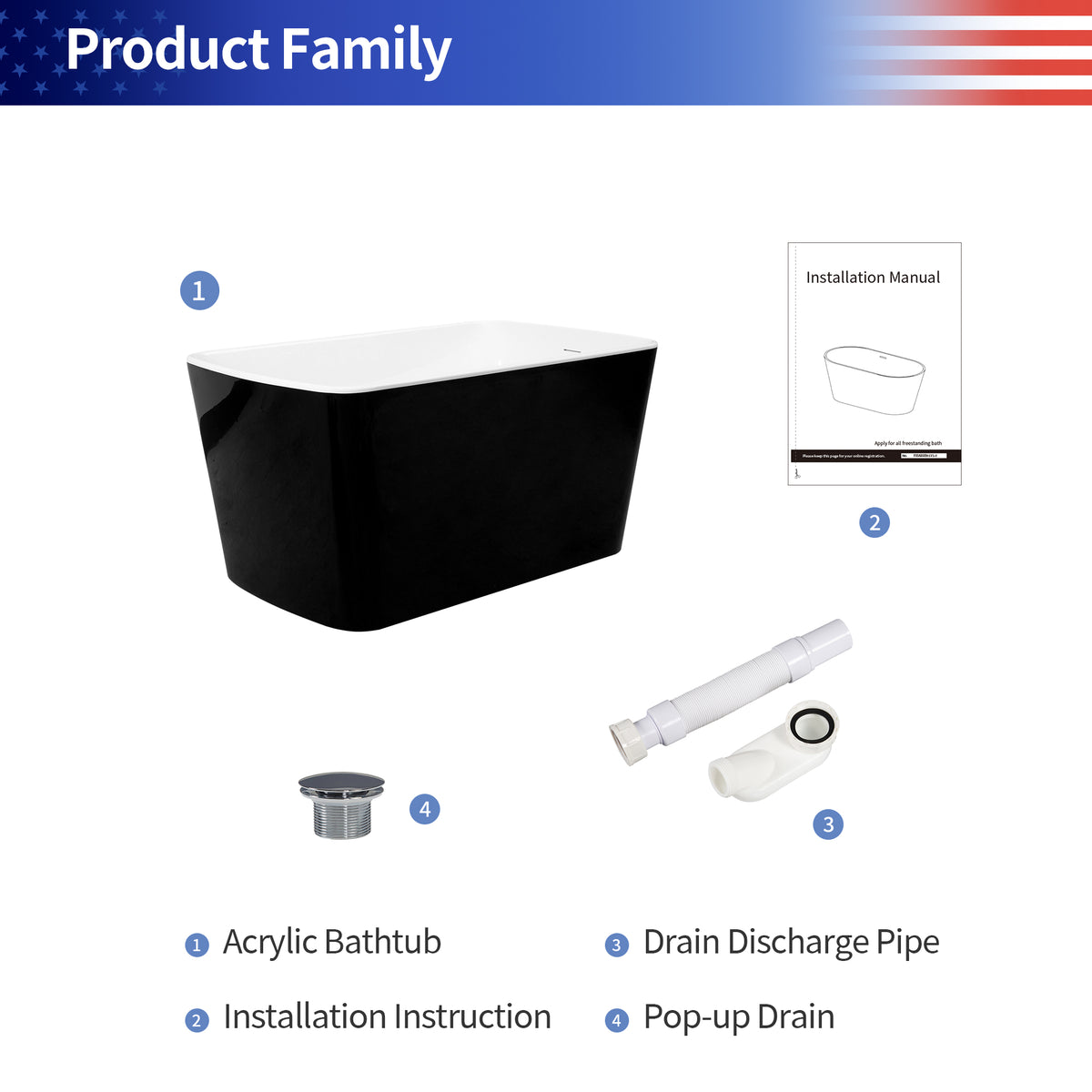 RAINLEX 49 in. Square Acrylic Japanese Soaking Bathtub in Black