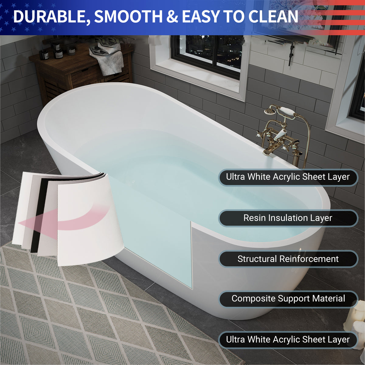 RAINLEX 55 in. Freestanding Acrylic Soaking Bathtub