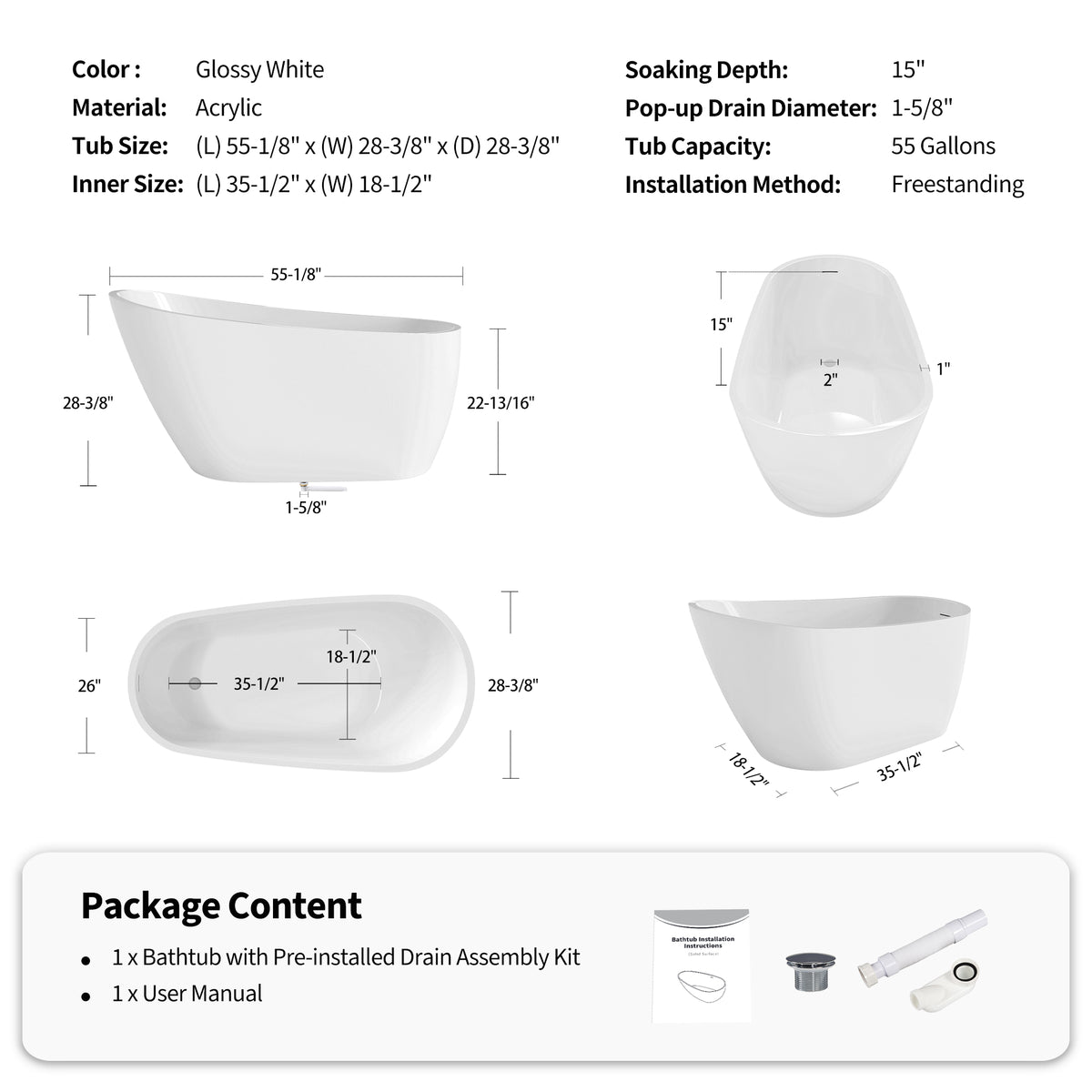 RAINLEX 55 in. Freestanding Acrylic Soaking Bathtub
