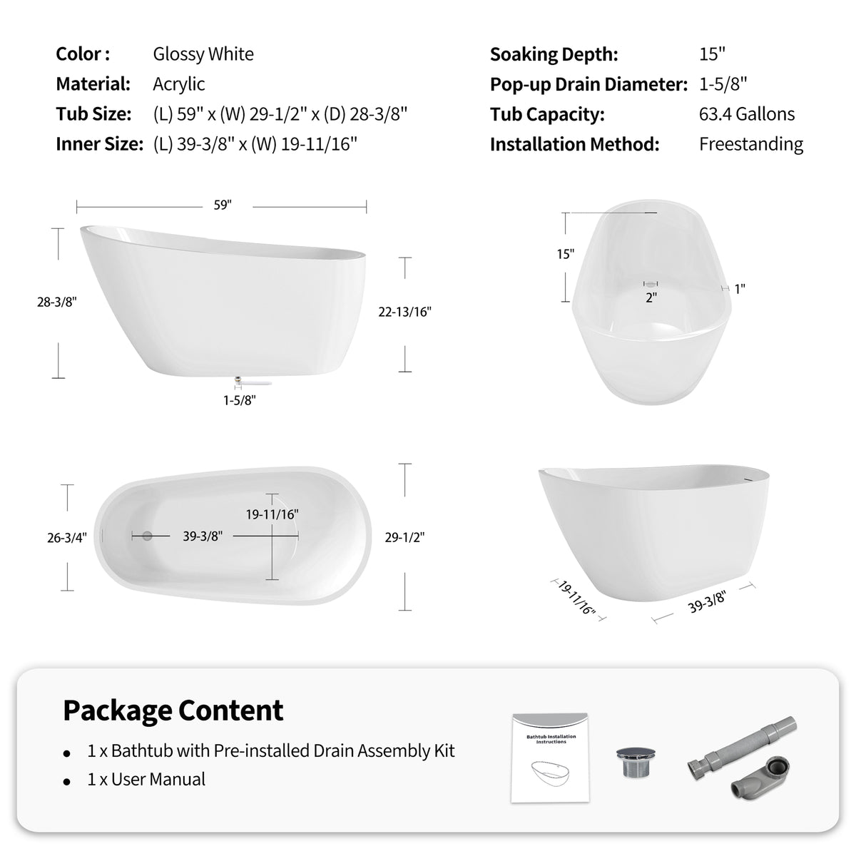 RAINLEX 60 in. Freestanding Acrylic Soaking Bathtub