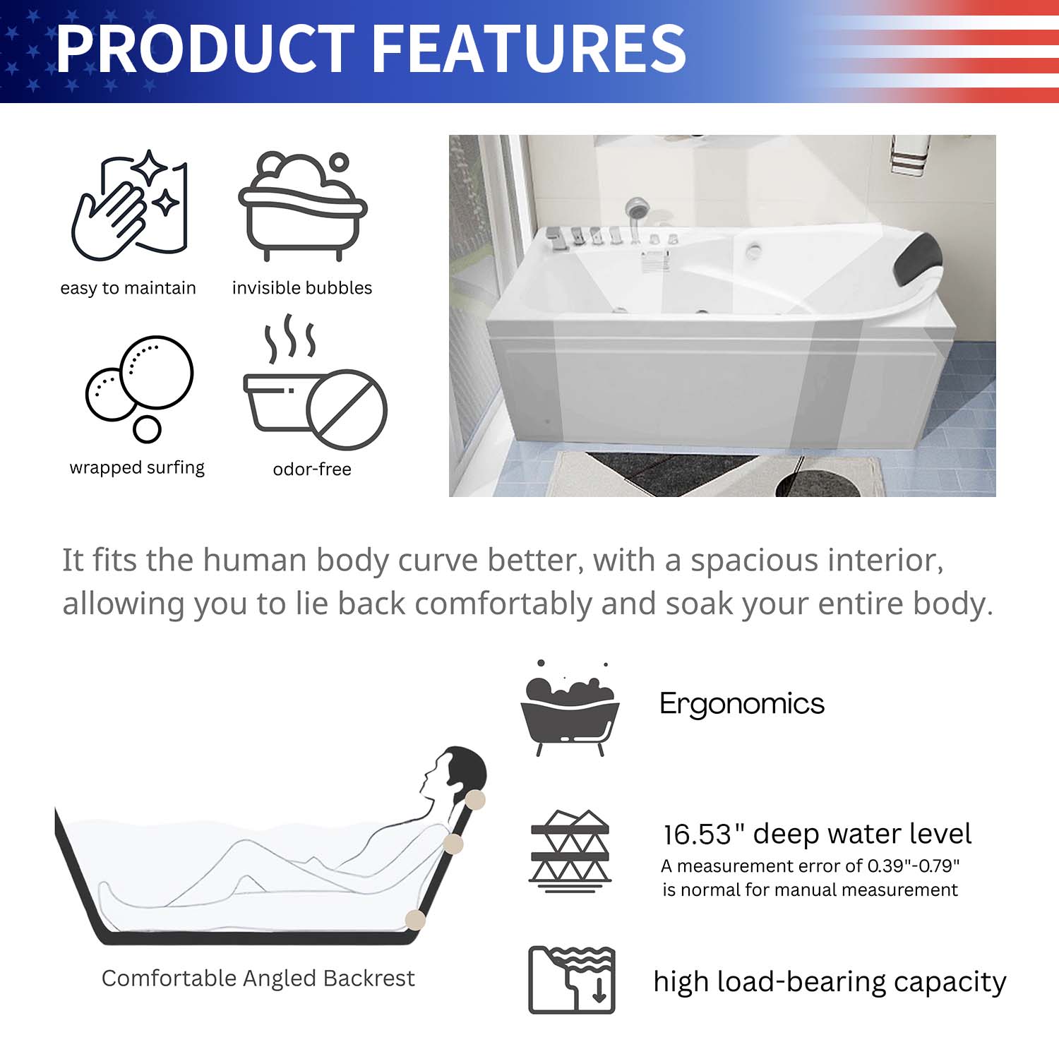 67" Acrylic Freestanding Whirlpool Bathtub with 8 Massage Jets