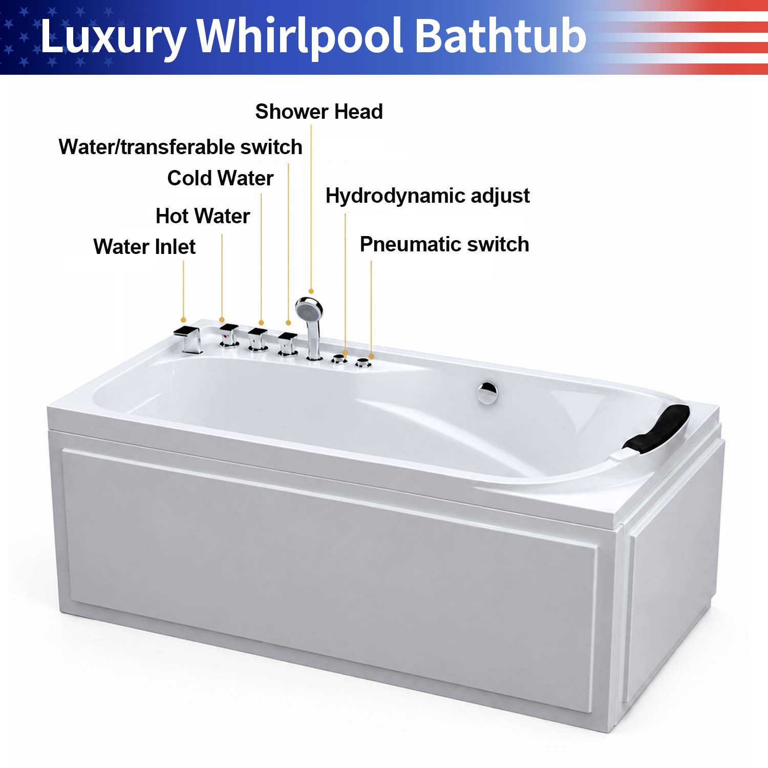 67" Acrylic Freestanding Whirlpool Bathtub with 8 Massage Jets