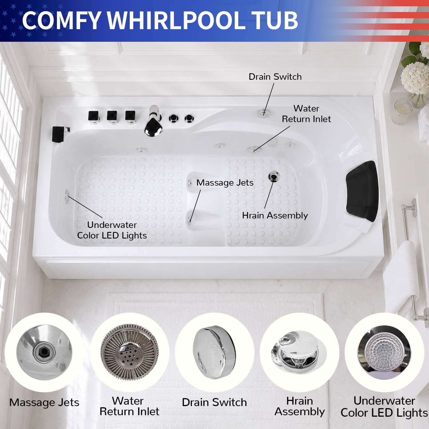 67" Acrylic Freestanding Whirlpool Bathtub with 8 Massage Jets
