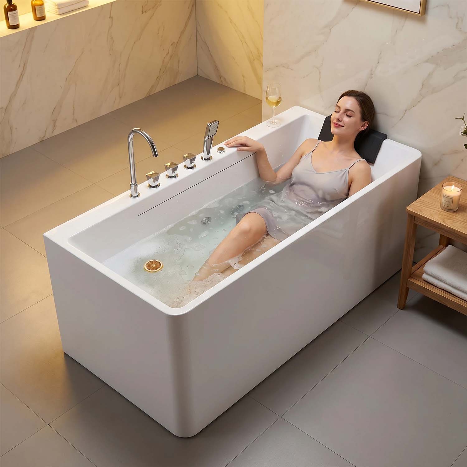 67" Acrylic Freestanding Whirlpool Bathtub with LED Chromotherapy