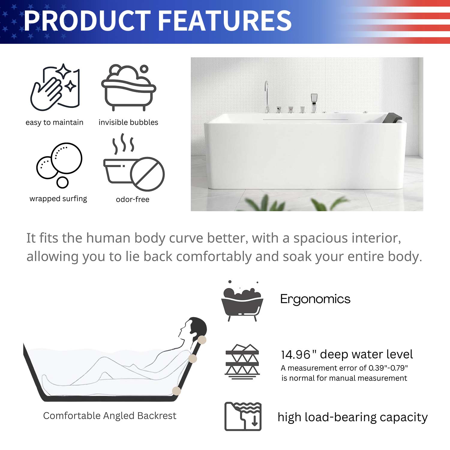 67" Acrylic Freestanding Whirlpool Bathtub with LED Chromotherapy