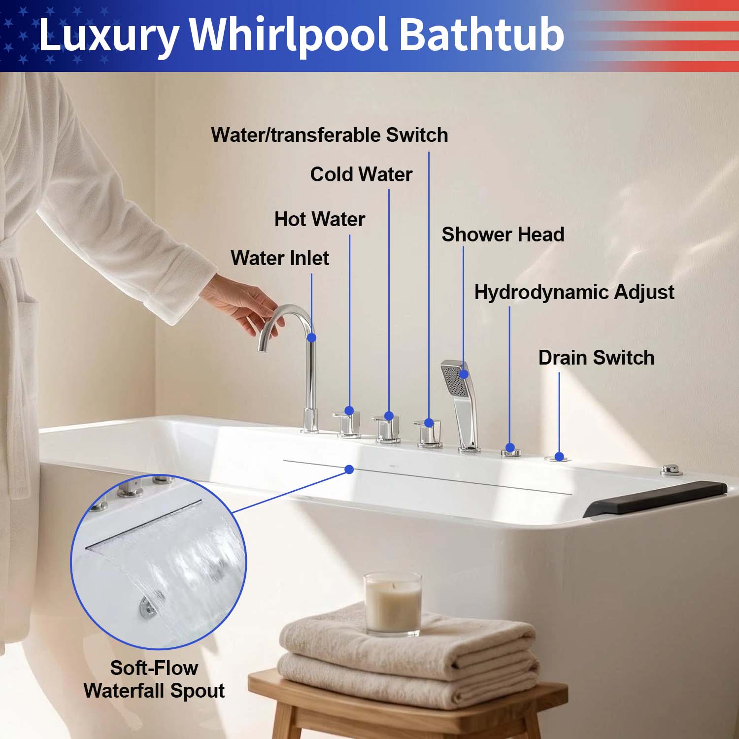67" Acrylic Freestanding Whirlpool Bathtub with LED Chromotherapy