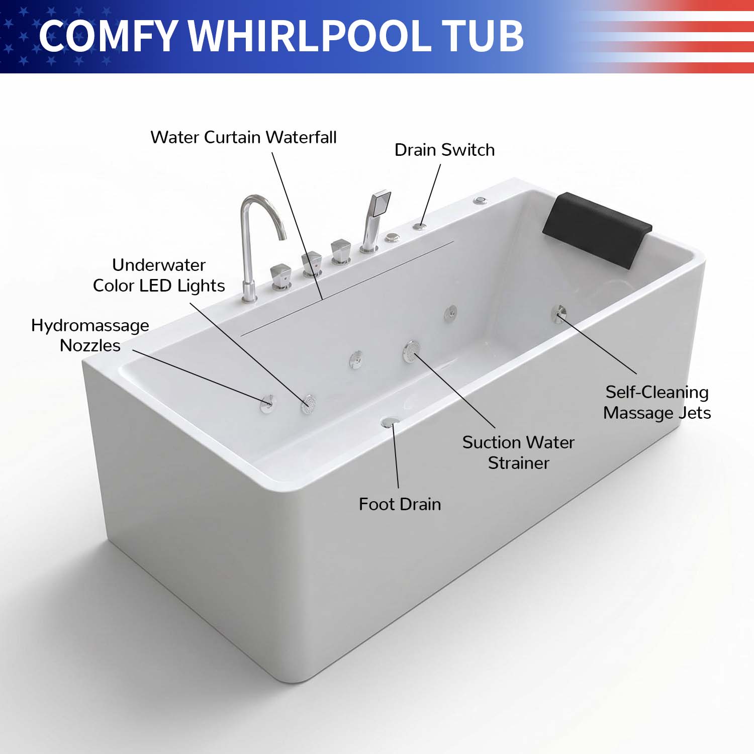 67" Acrylic Freestanding Whirlpool Bathtub with LED Chromotherapy