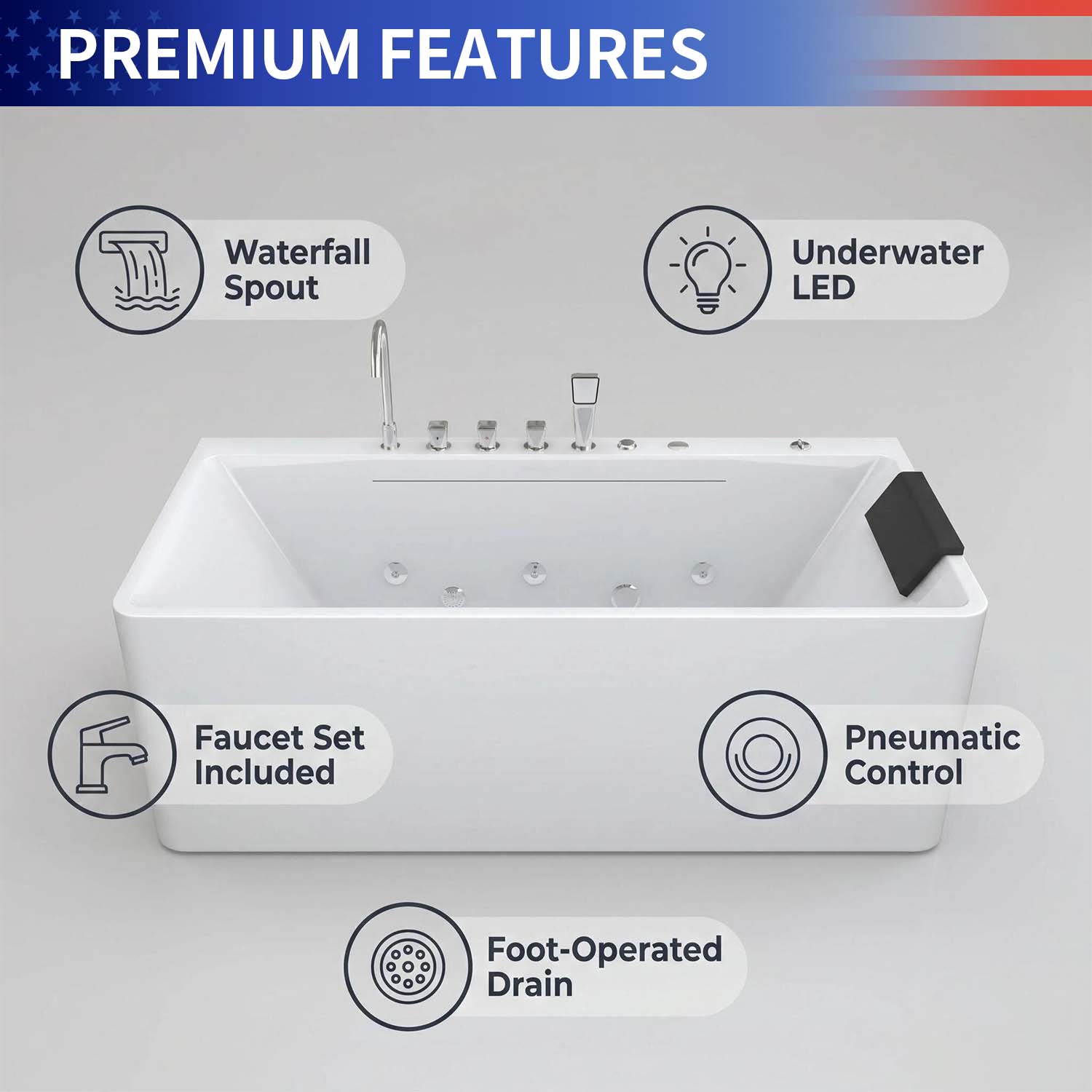 67" Acrylic Freestanding Whirlpool Bathtub with LED Chromotherapy