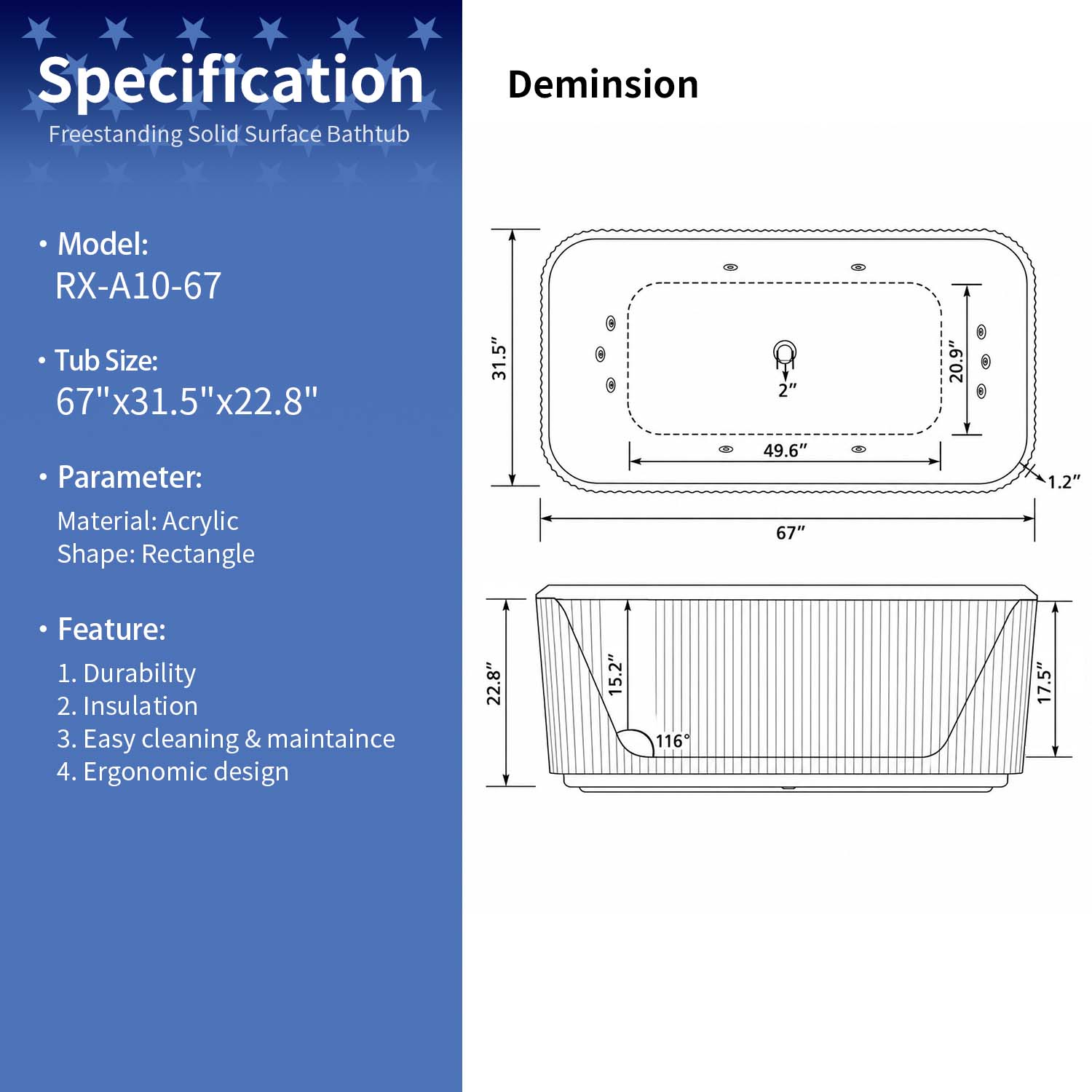 67" Rectangular Acrylic Freestanding Whirlpool Bathtub with Massage Jets