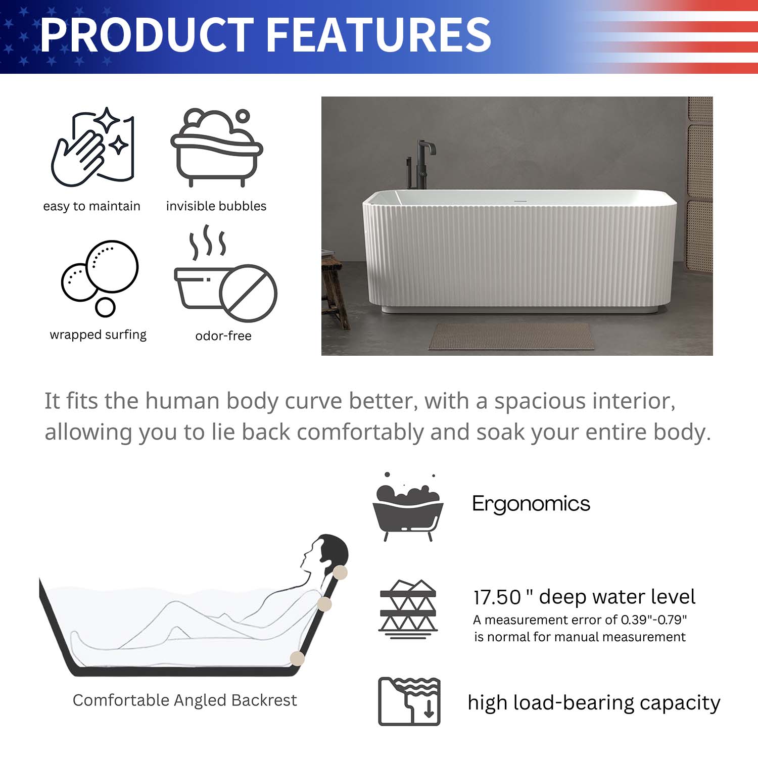 67" Rectangular Acrylic Freestanding Whirlpool Bathtub with Massage Jets