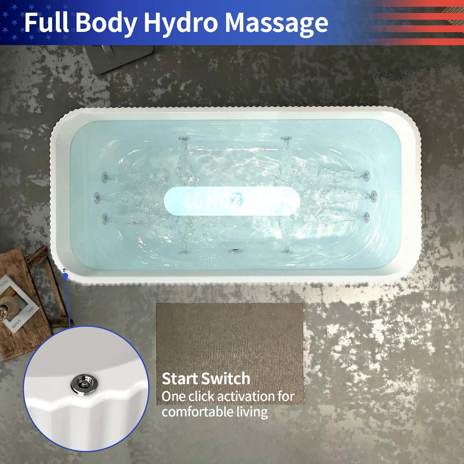 67" Rectangular Acrylic Freestanding Whirlpool Bathtub with Massage Jets